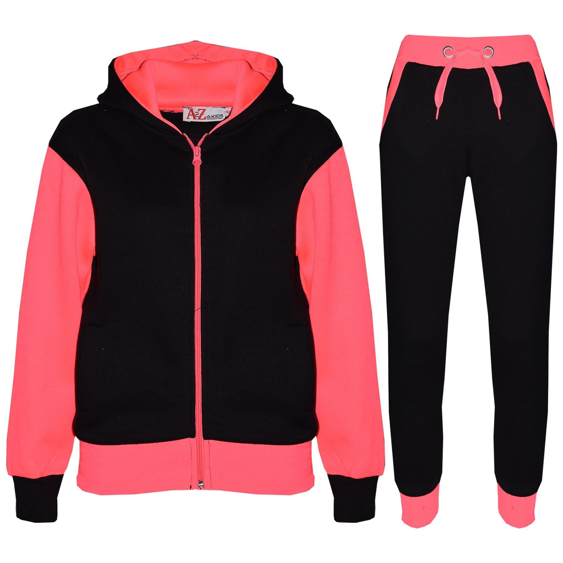 Kids Girls Tracksuit Neon Pink Zipped Fleece Hooded Top & Bottom Jogging Suit