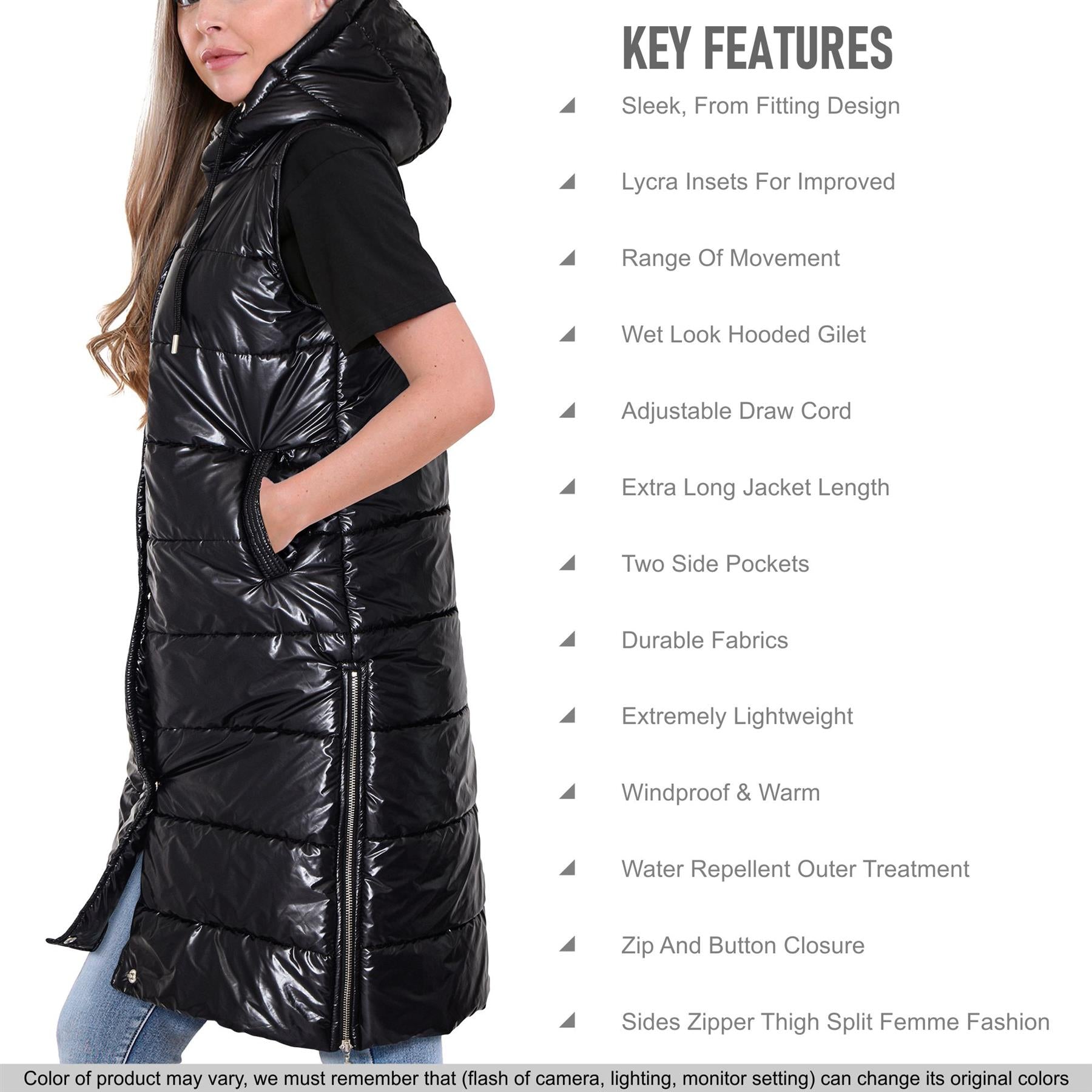 Ladies Oversized Zipped Gilet Long Line Style Wet Look Black Jacket Sleeveless Long Coat