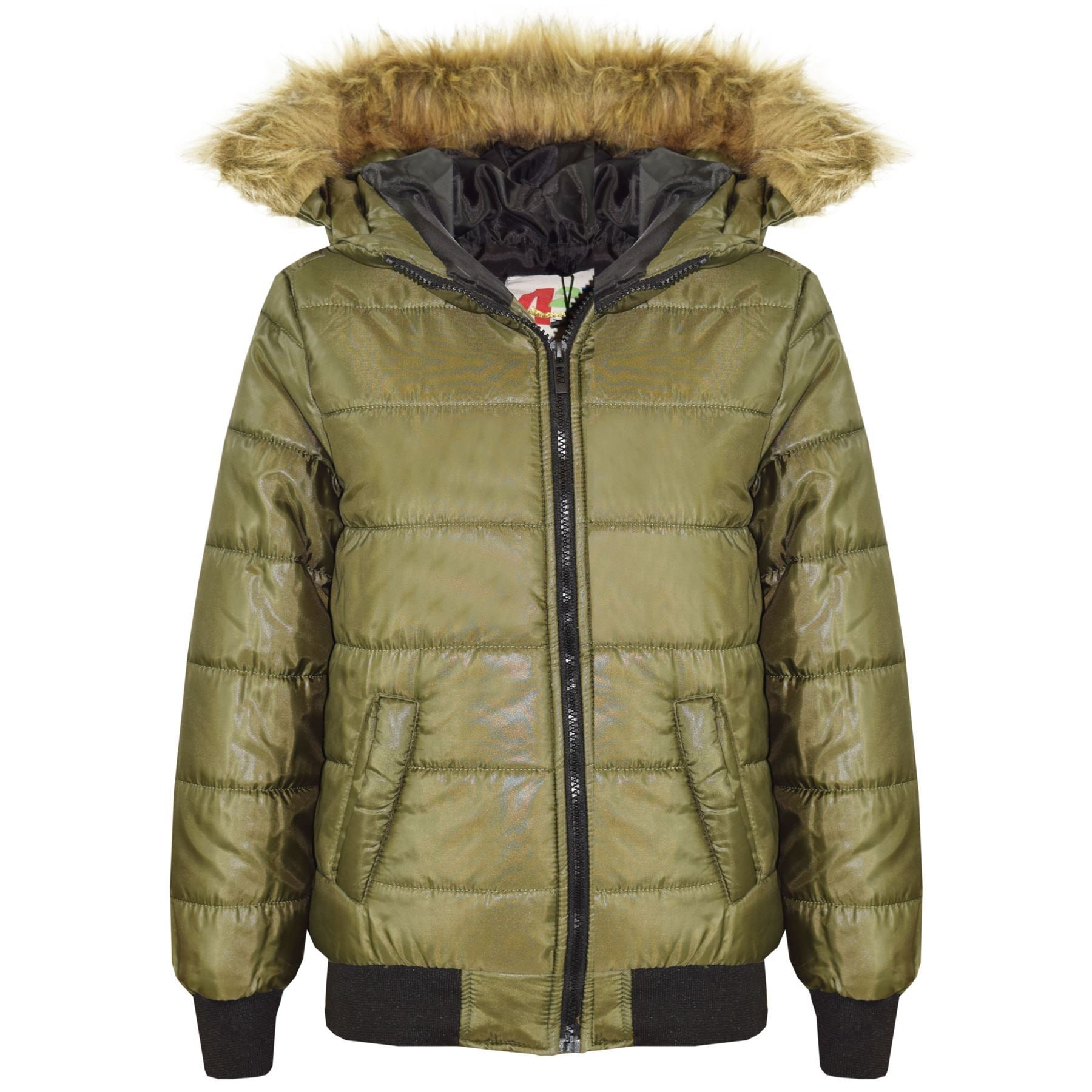 Kids Girls Boys Fux Fur Olive Hooded Puffer Jacket