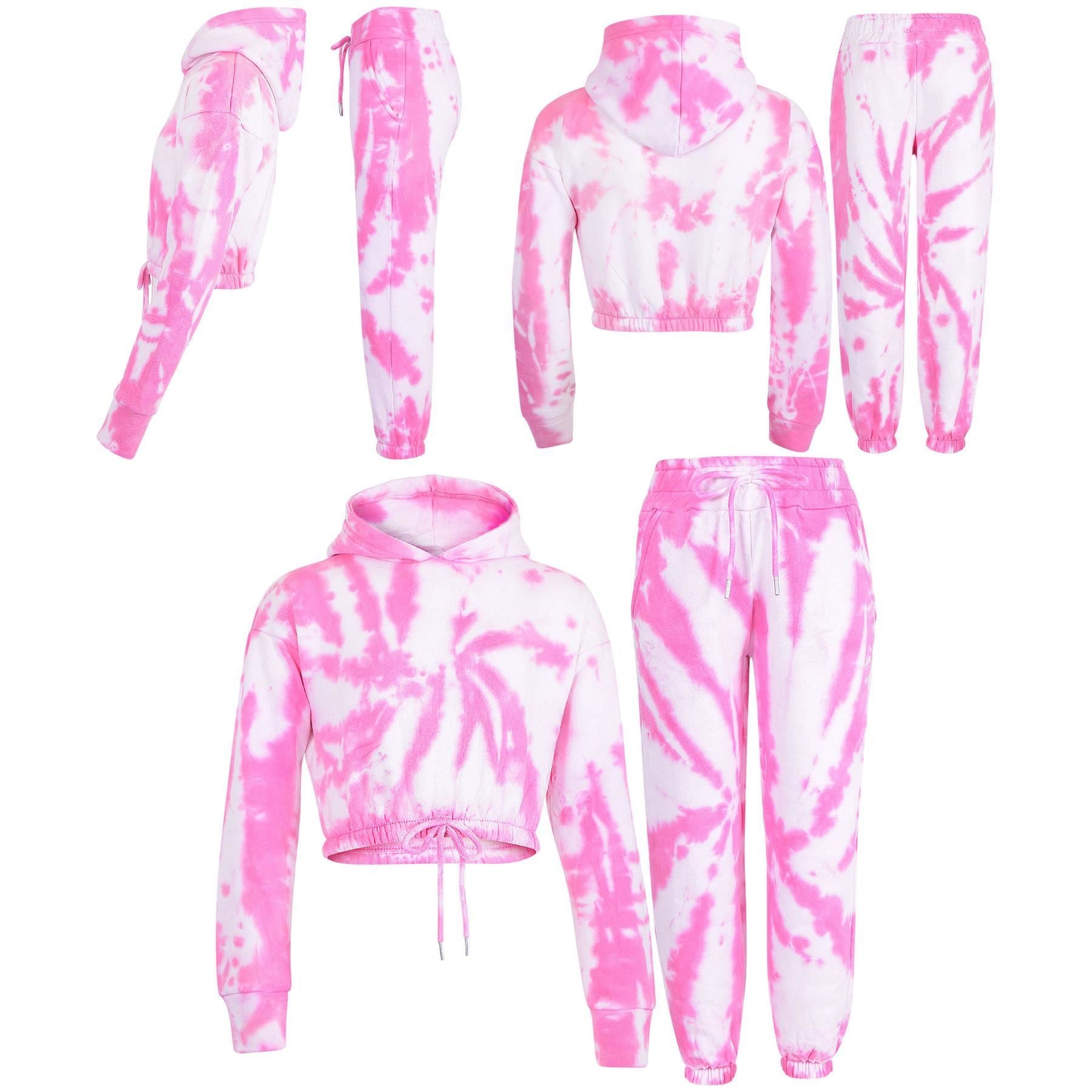 Kids Girls Tie Dye Pink Tracksuit Gym Cropped Hoodie Sweatpants