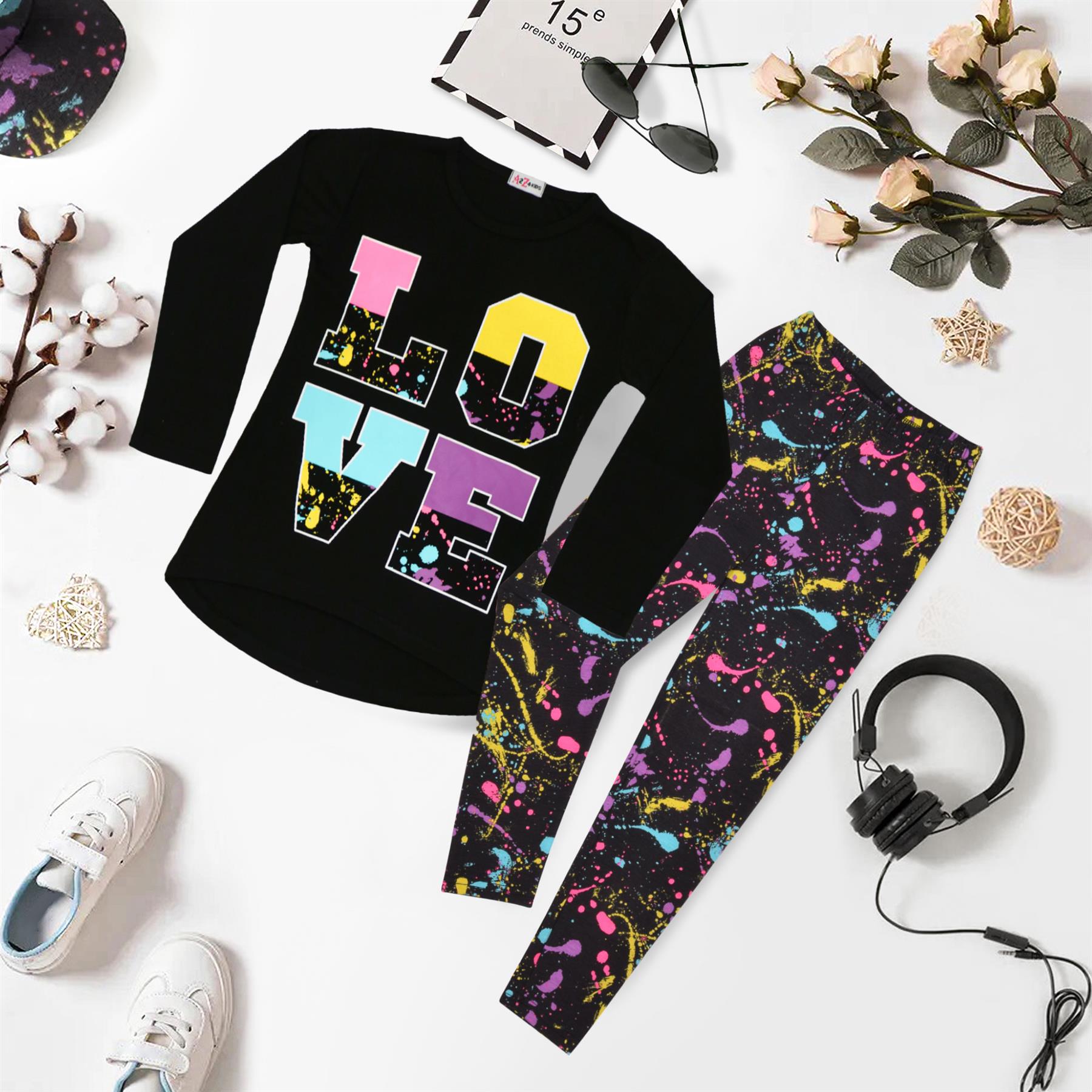 Girls Love Print Black Long Sleeves T Shirt Top & Legging Set