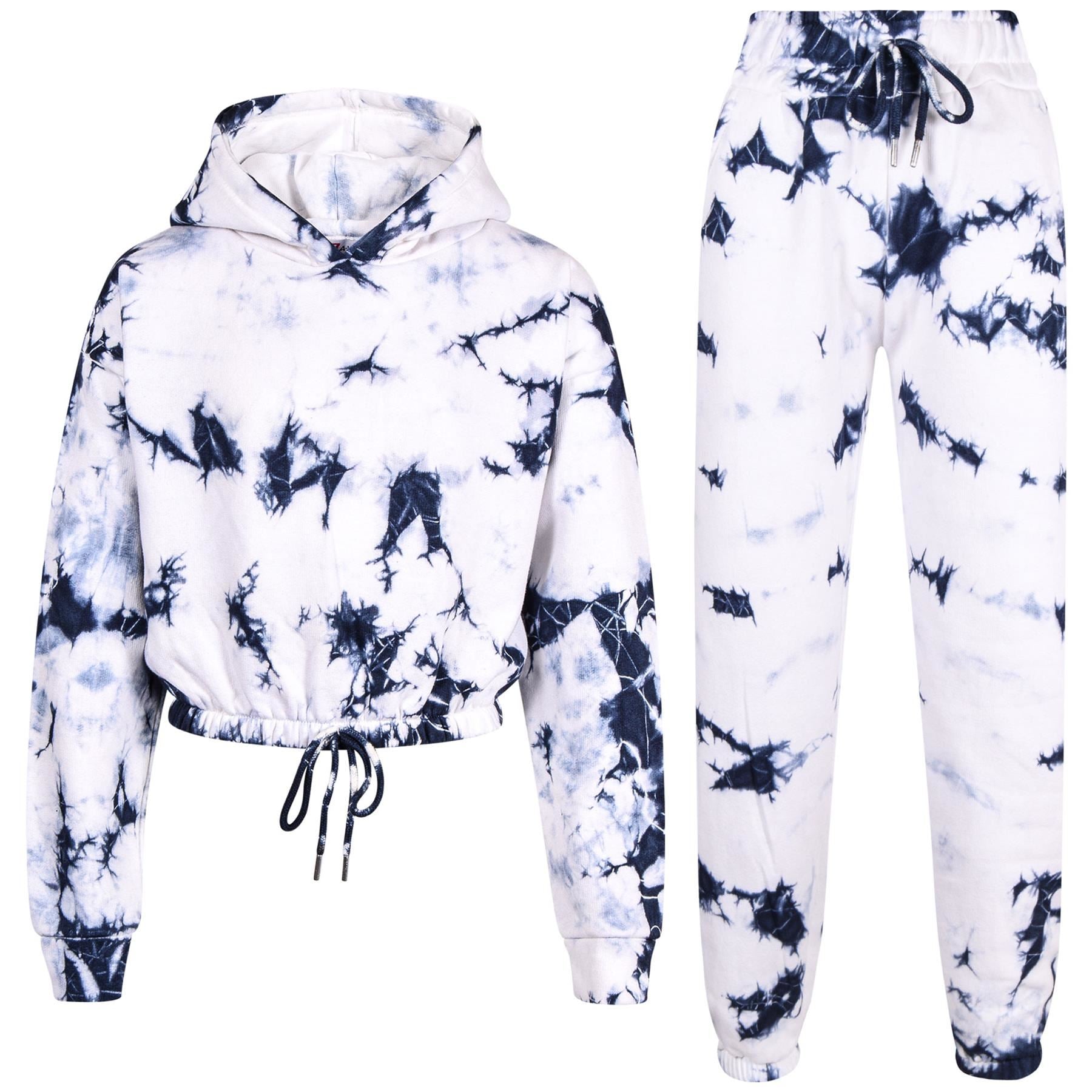 Kids Girls Tie Dye Tracksuit Gym Cropped Hoodie Sweatpants