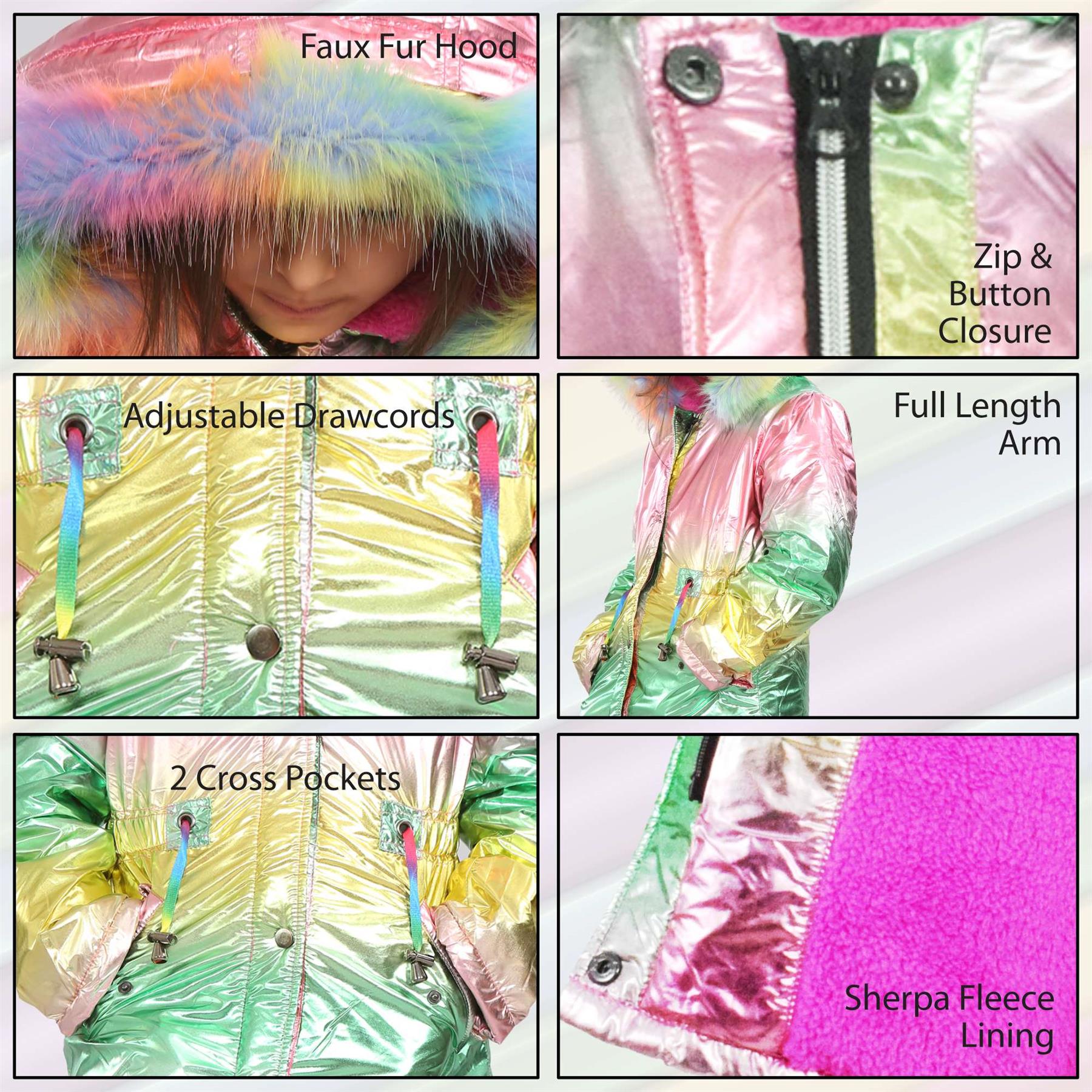 Kids Girls Longline Metallic Coat Foil Rainbow Jacket Fashion