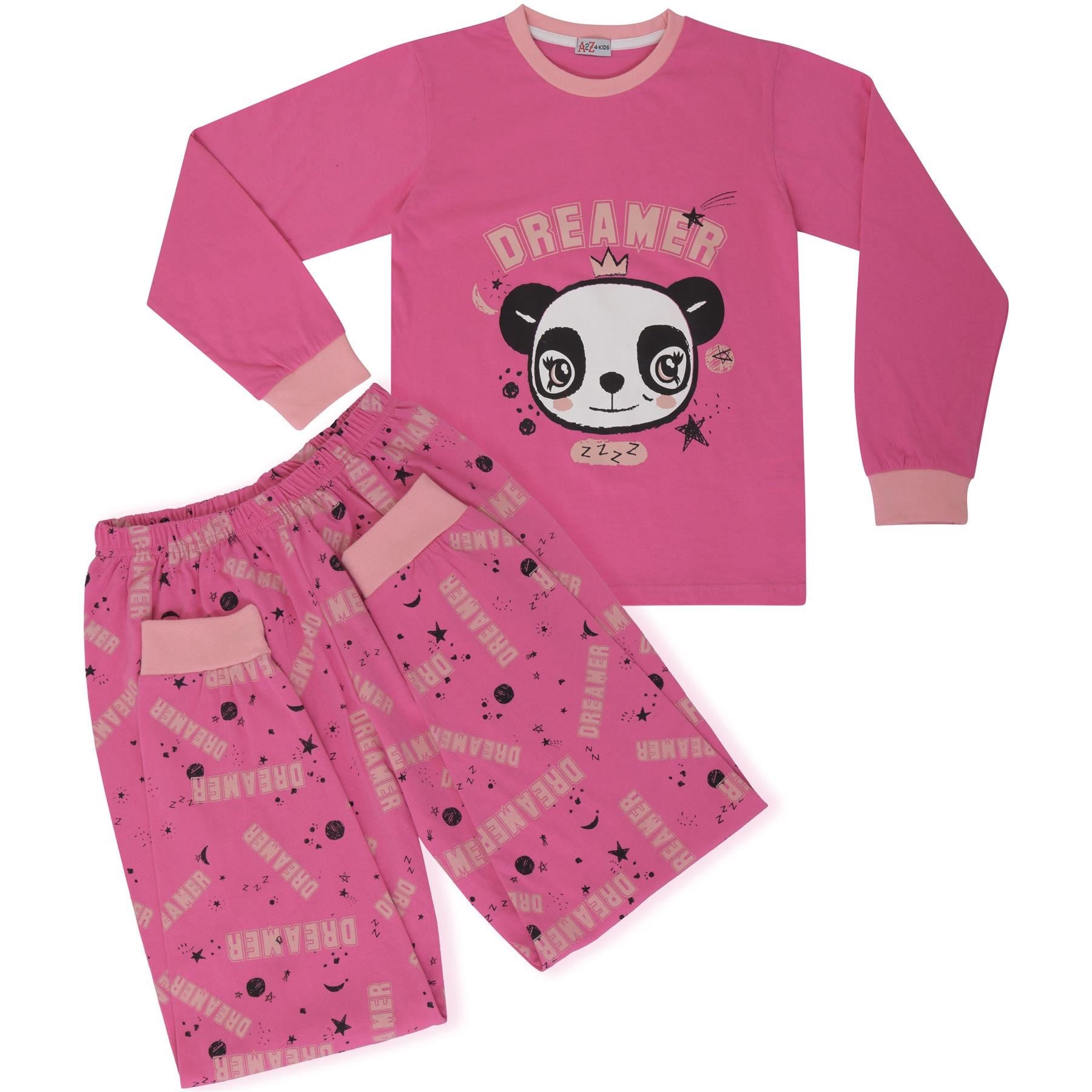 Kids Girls Pyjamas Panda Animal Dreamer Print Pink Lounge Suit Set