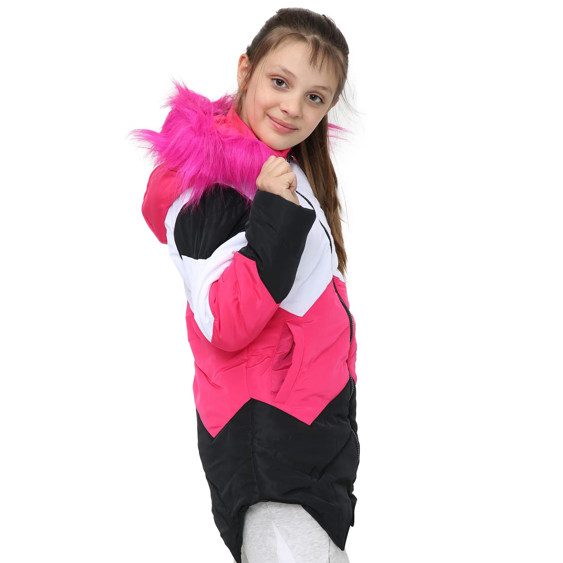 Kids Hooded Cerise Puffer Coat Faux Fur Jacket Contrast Panel - Kids Clothing Store