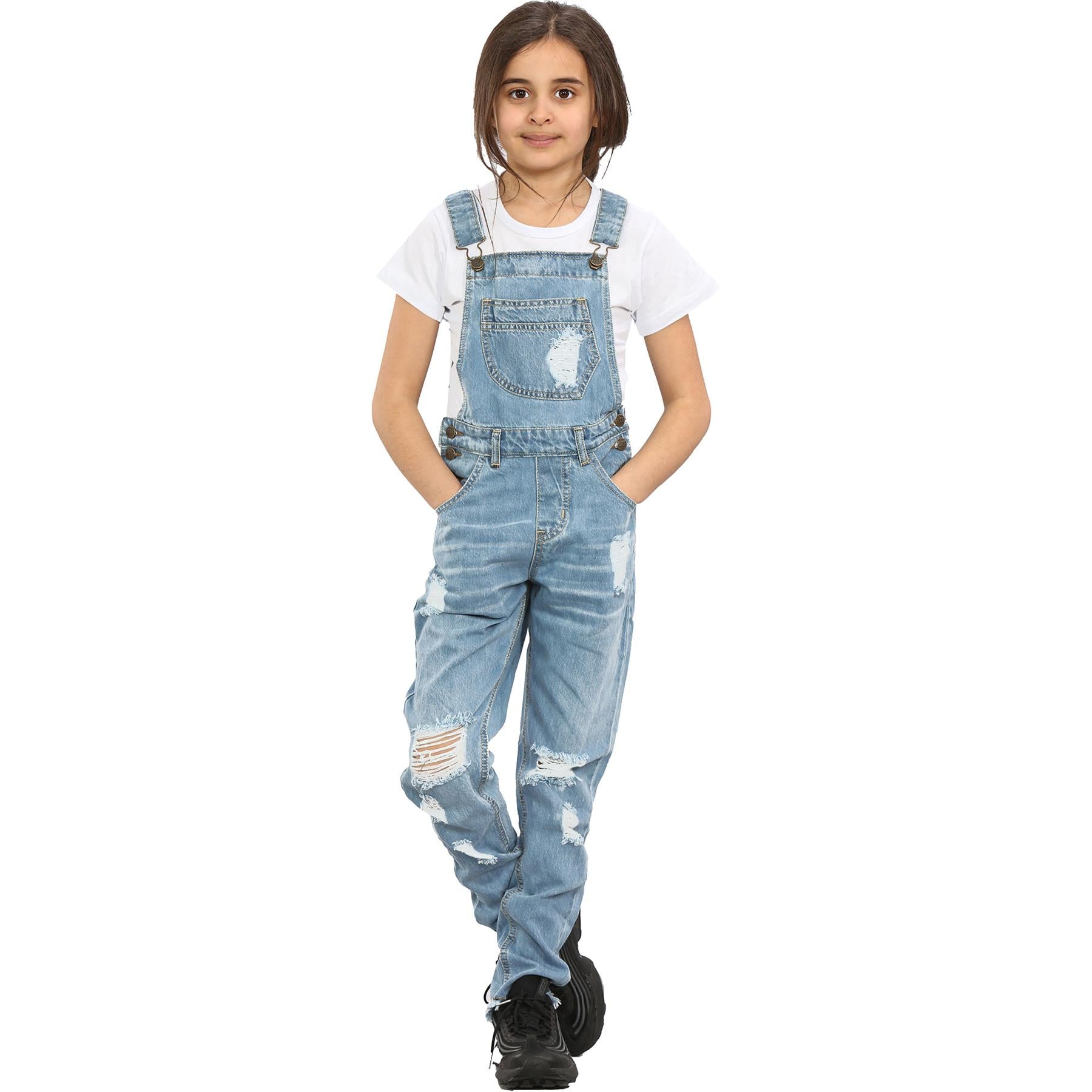 Kids Girls Denim Dungaree Full Length Light Blue Ripped Jeans Fashion Jumpsuit - Kids Clothing Store