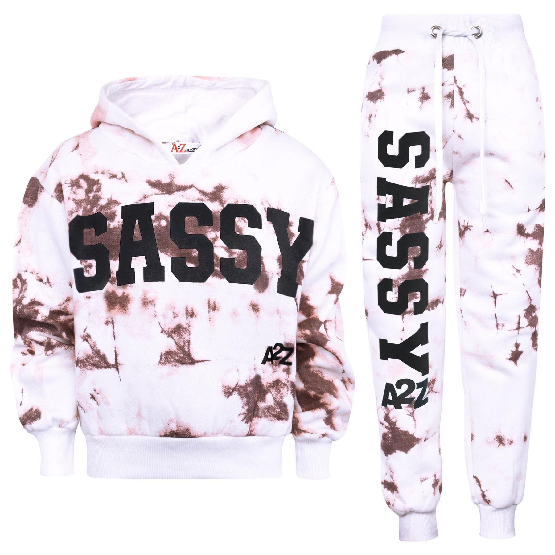 Kids Girls Tie Dye Tracksuit "SASSY" Print Rust Hooded Crop Jogging Suit