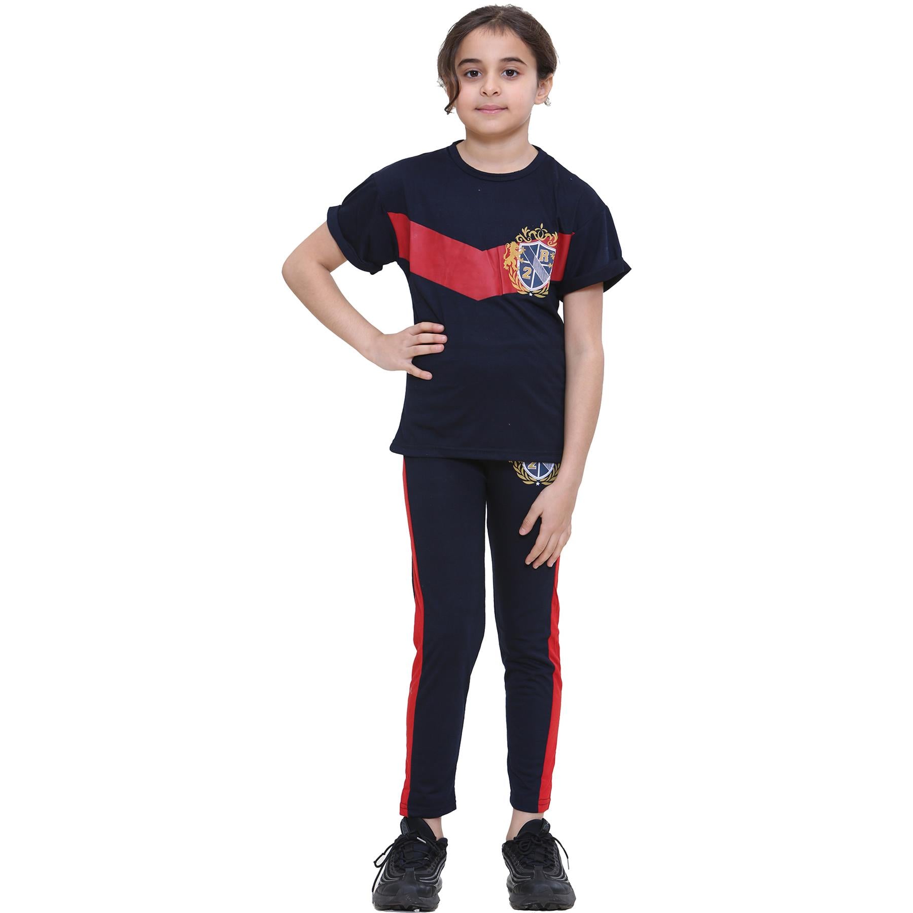 Kids Girls Lion Varsity Logo Print Navy T Shirt Top & Legging Set