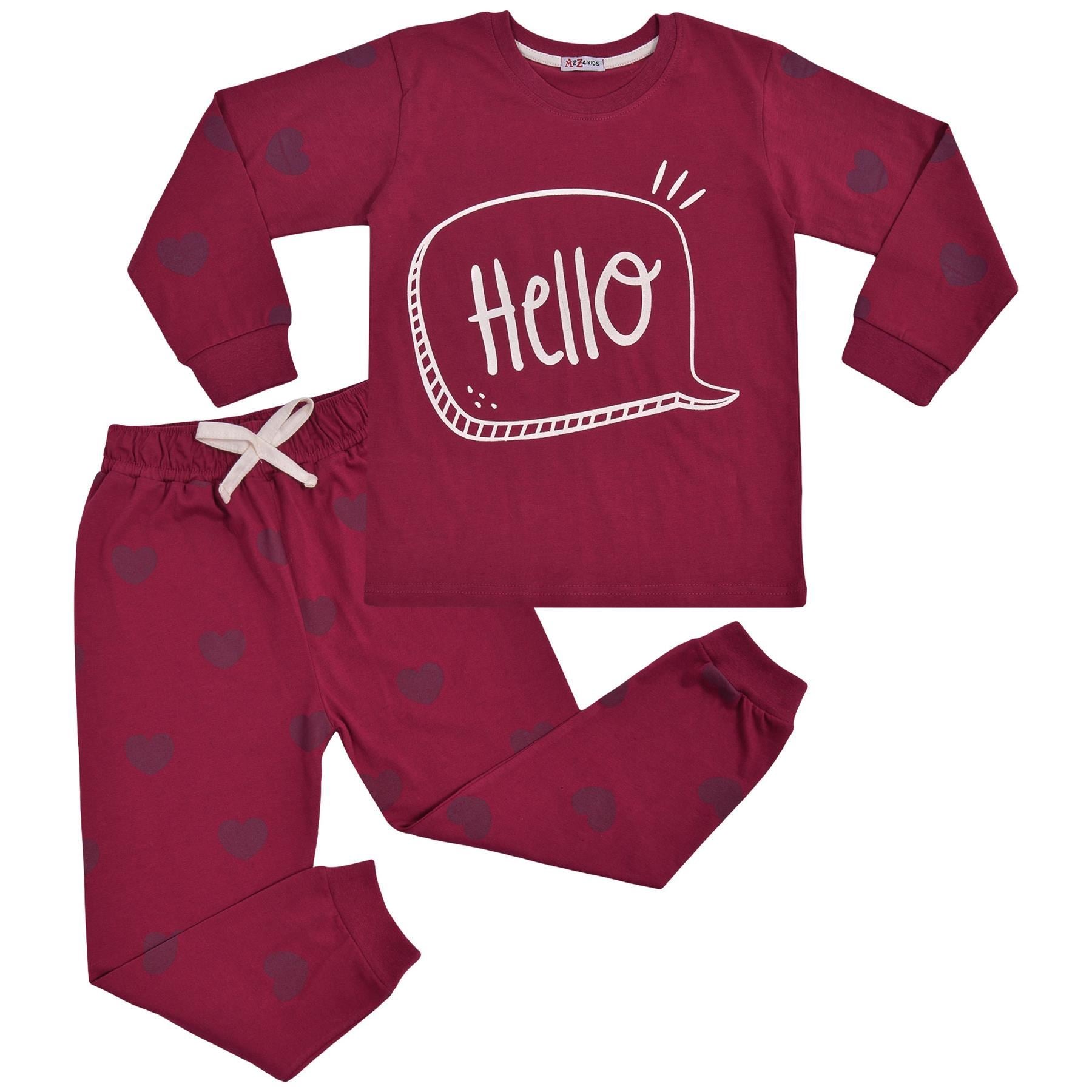 Kids Girls Hello Print Plum Pyjamas Set