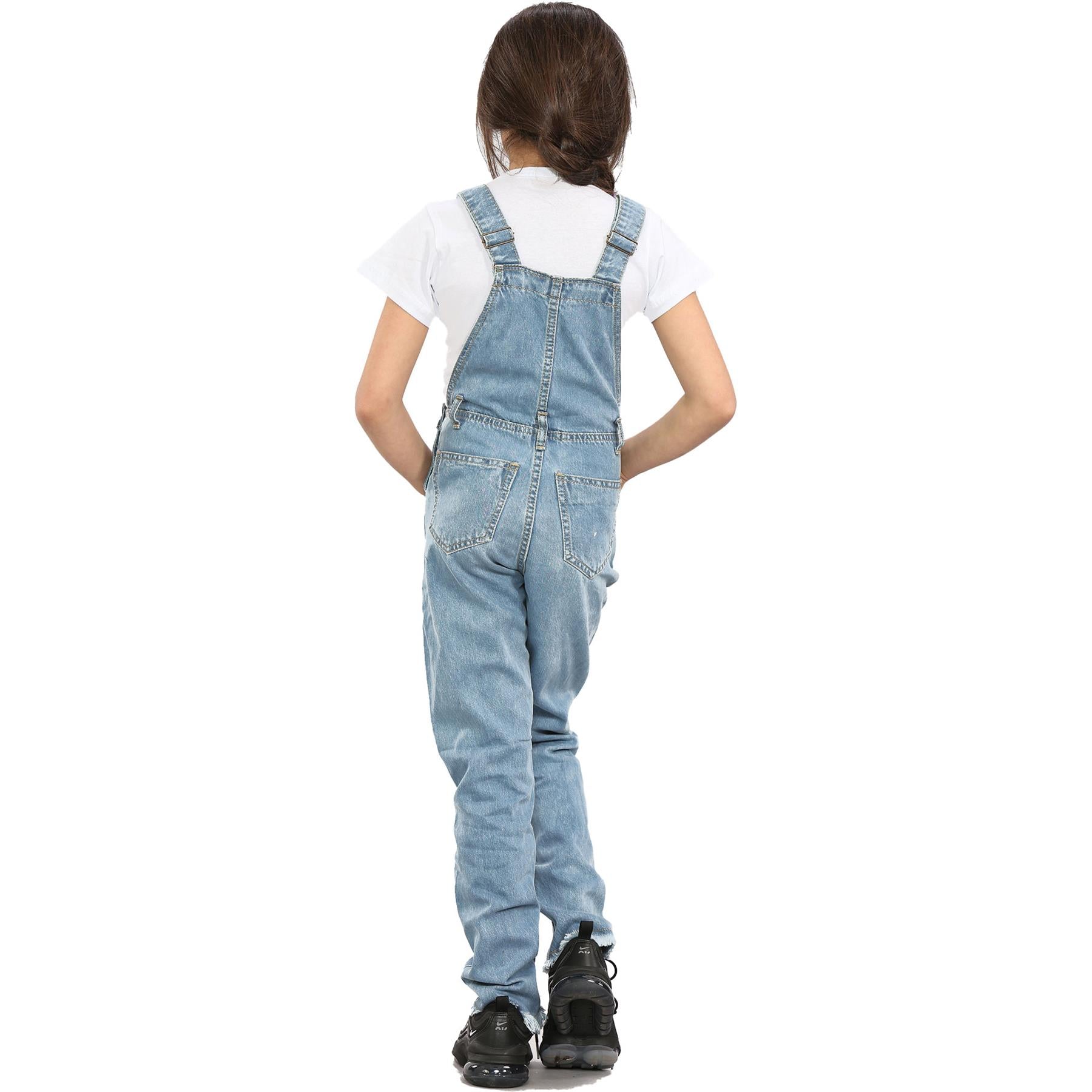 Kids Girls Denim Dungaree Full Length Light Blue Ripped Jeans Fashion Jumpsuit - Kids Clothing Store