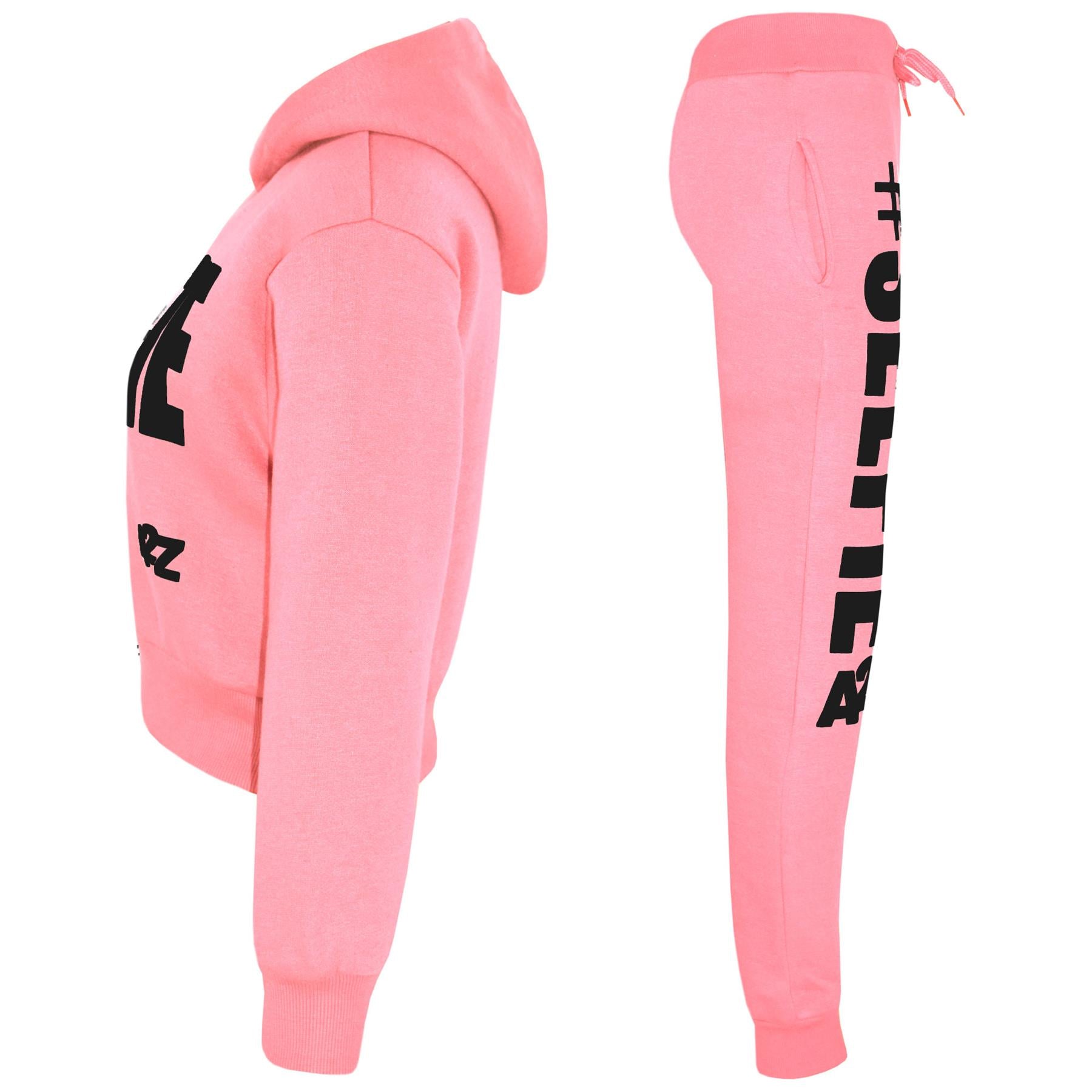 Kids Girls #Selfie Printed Hooded Crop Top & Bottom Jogging Suit