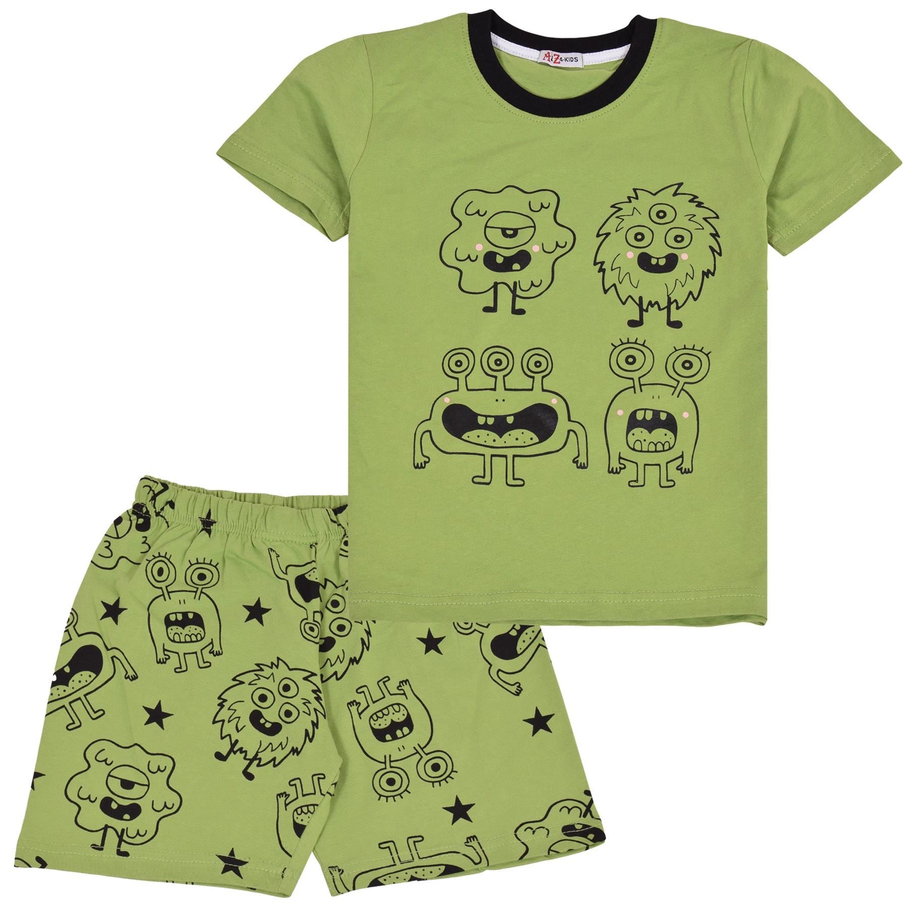 Kids Girls Boys Monster Print Lime Pyjamas Set