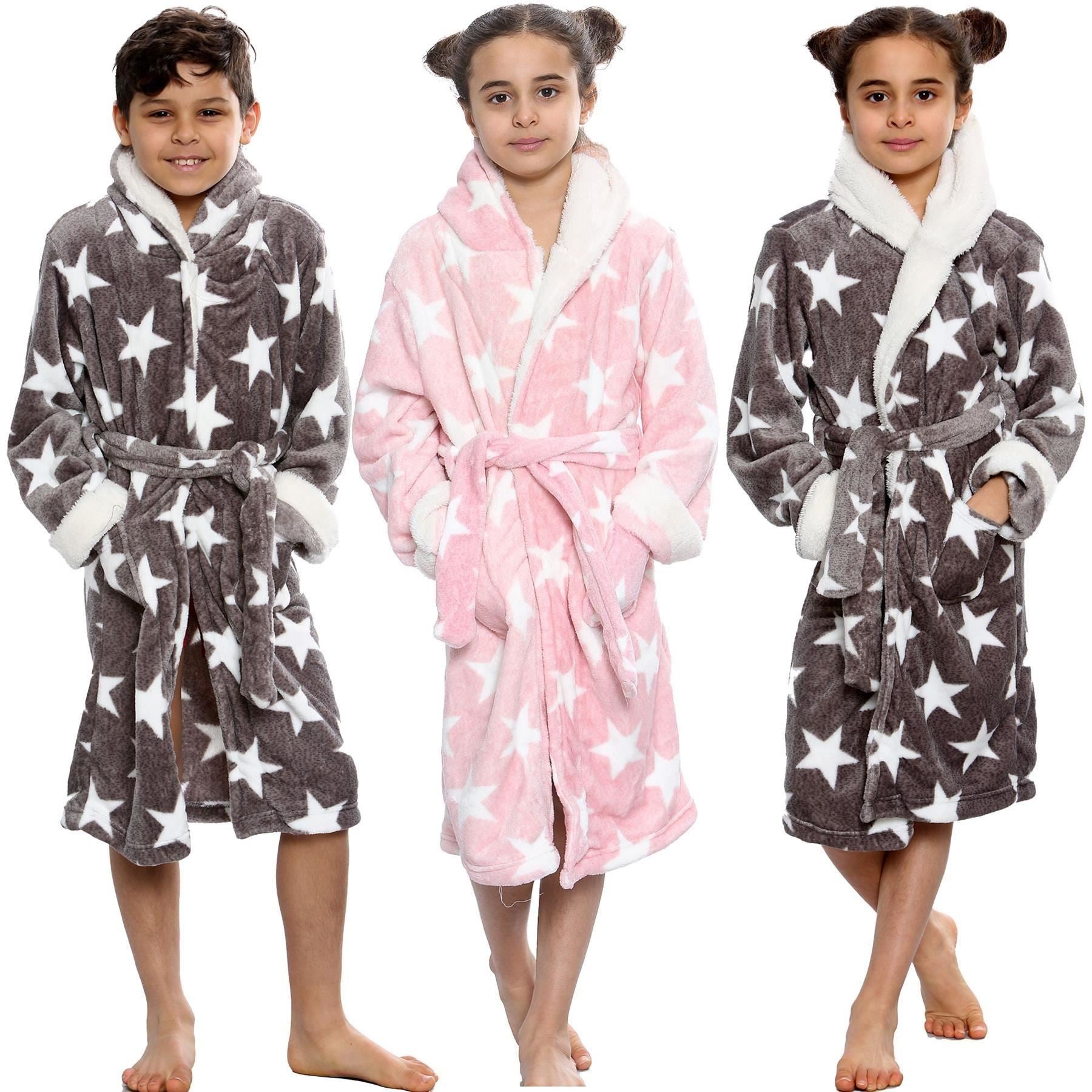 Kids Girls Stars Print Grey Hooded Bathrobe