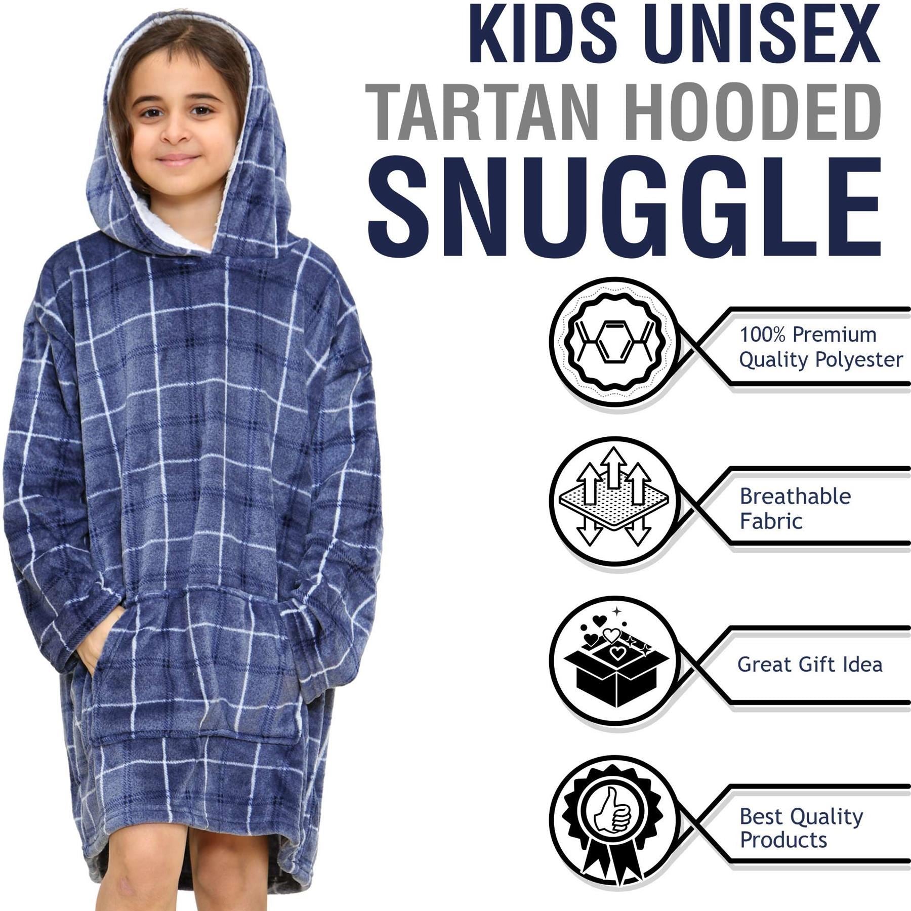 Kids Unisex Oversized Hoodie Snuggle Blue Tartan Printed Fleece Blanket