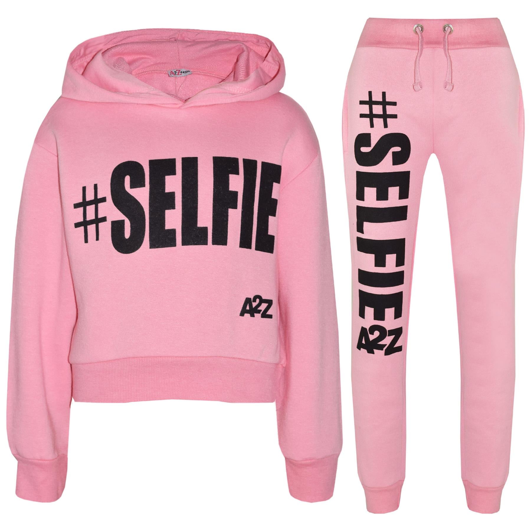 Kids Girls #Selfie Printed Hooded Crop Top & Bottom Jogging Suit