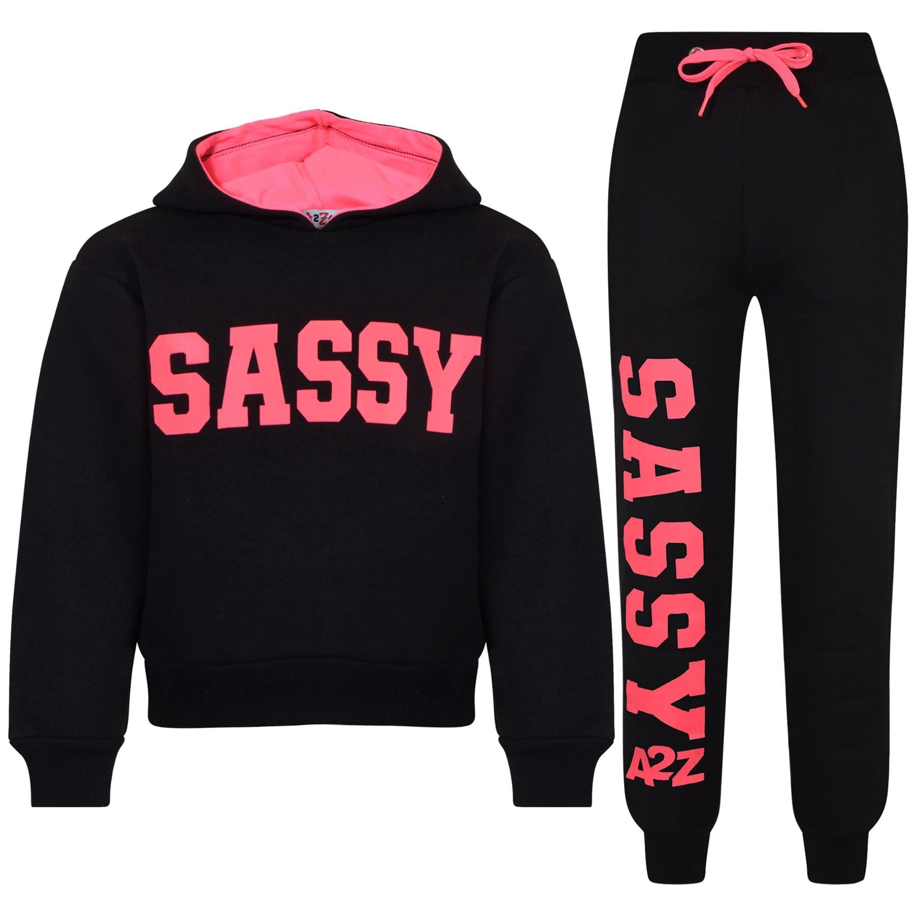 Kids Girls Sassy Print Tracksuit Hooded Top & Bottom Jogging Suit