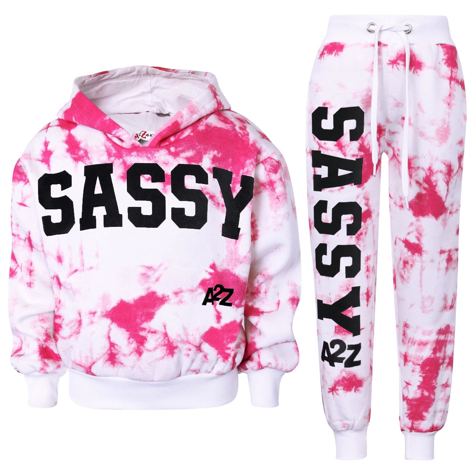 Kids Girls Sassy Print Tracksuit Hooded Top & Bottom Jogging Suit