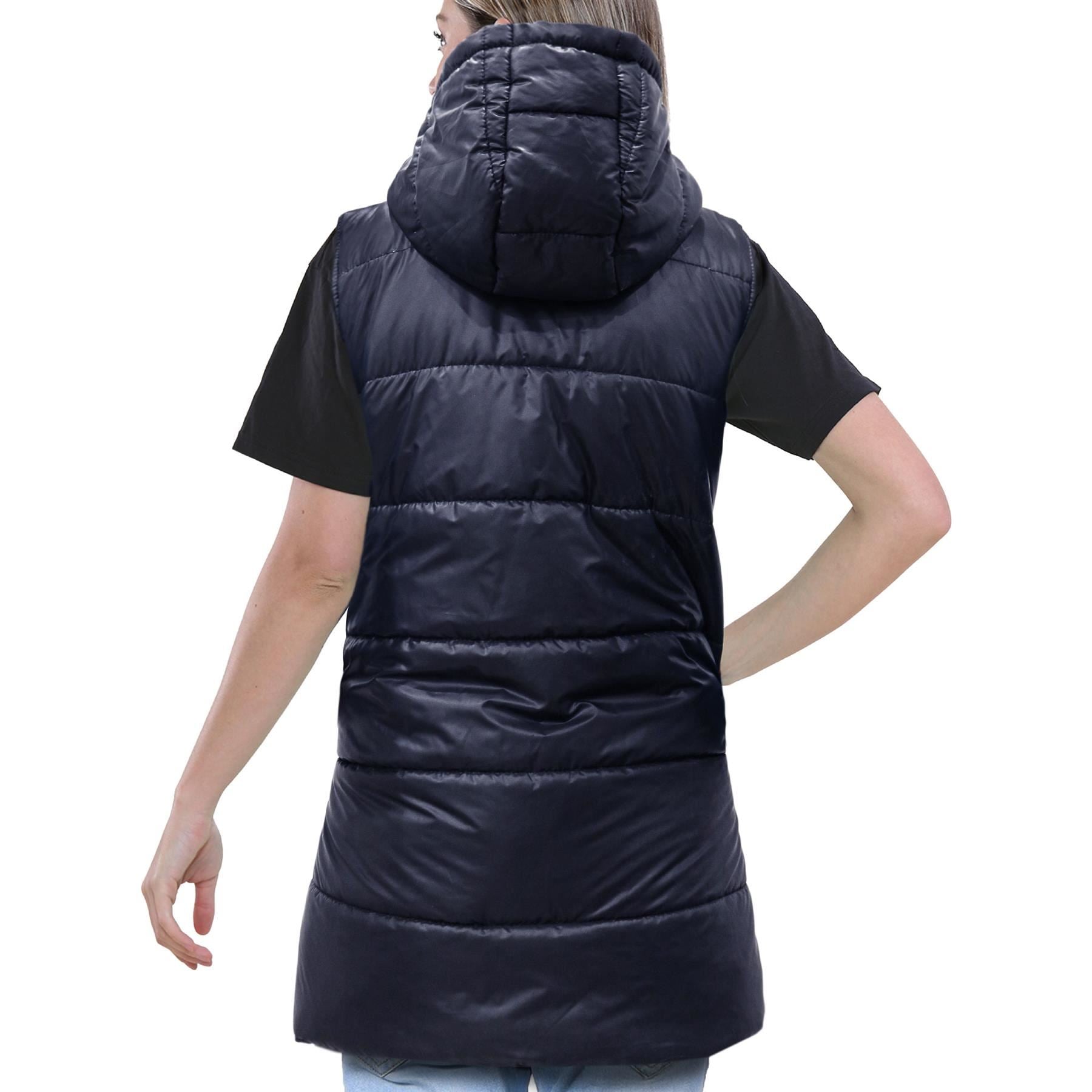 Ladies Oversized Silver Zipped Pockets Gilet Navy Jacket Sleeveless Coat