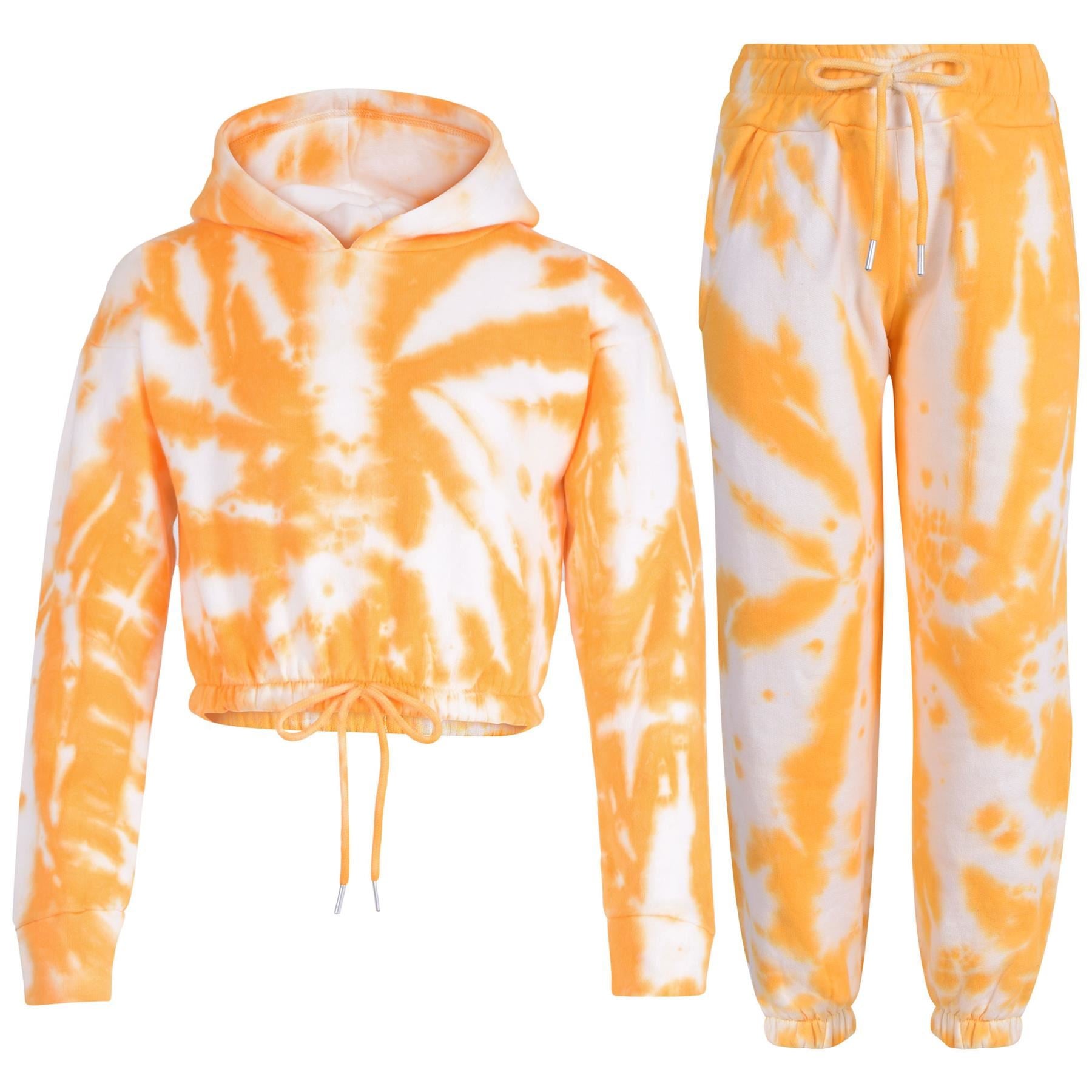 Kids Girls Tie Dye Mustard Tracksuit Gym Cropped Hoodie Sweatpants