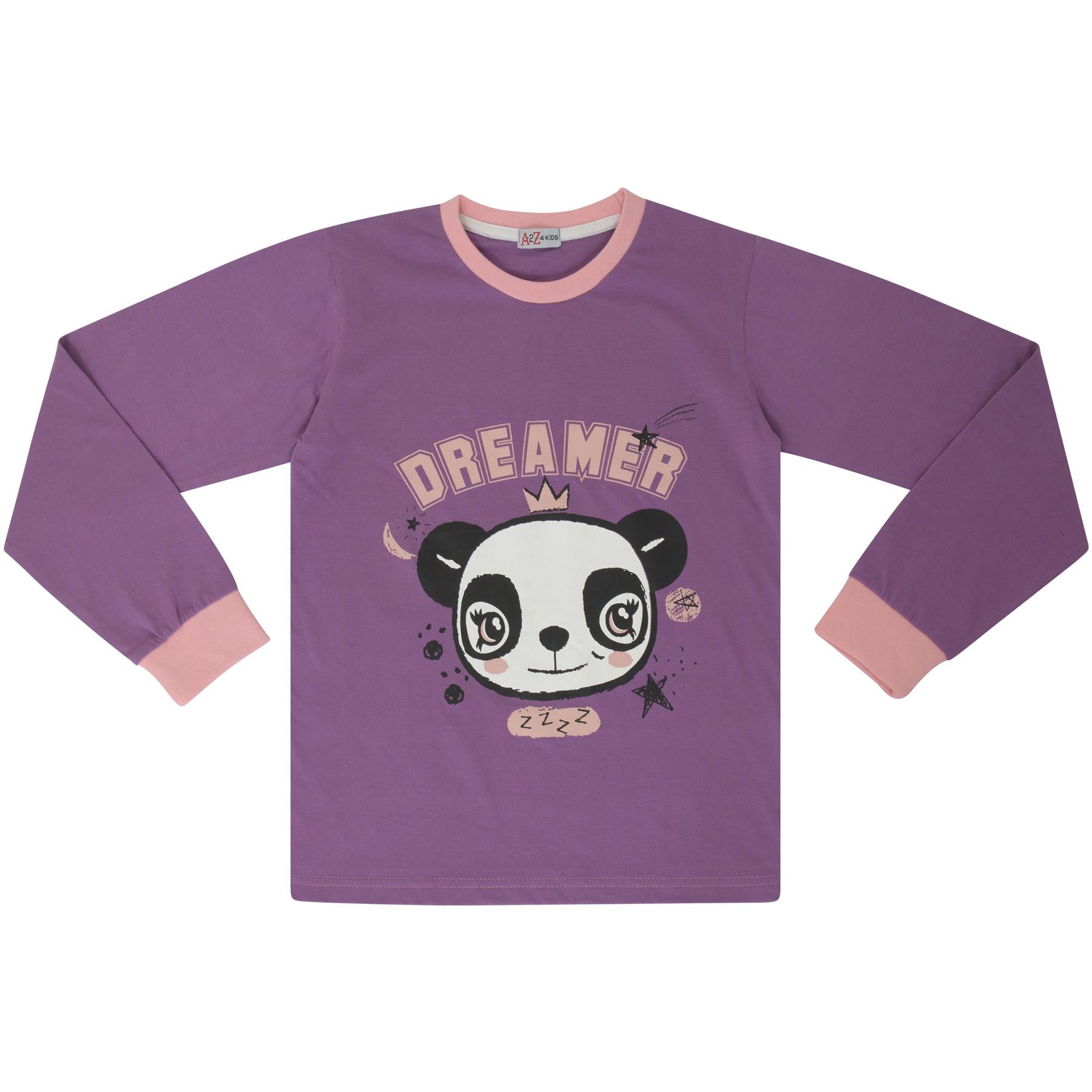 Kids Girls Pyjamas Panda Animal Dreamer Print Lilac Lounge Suit Set