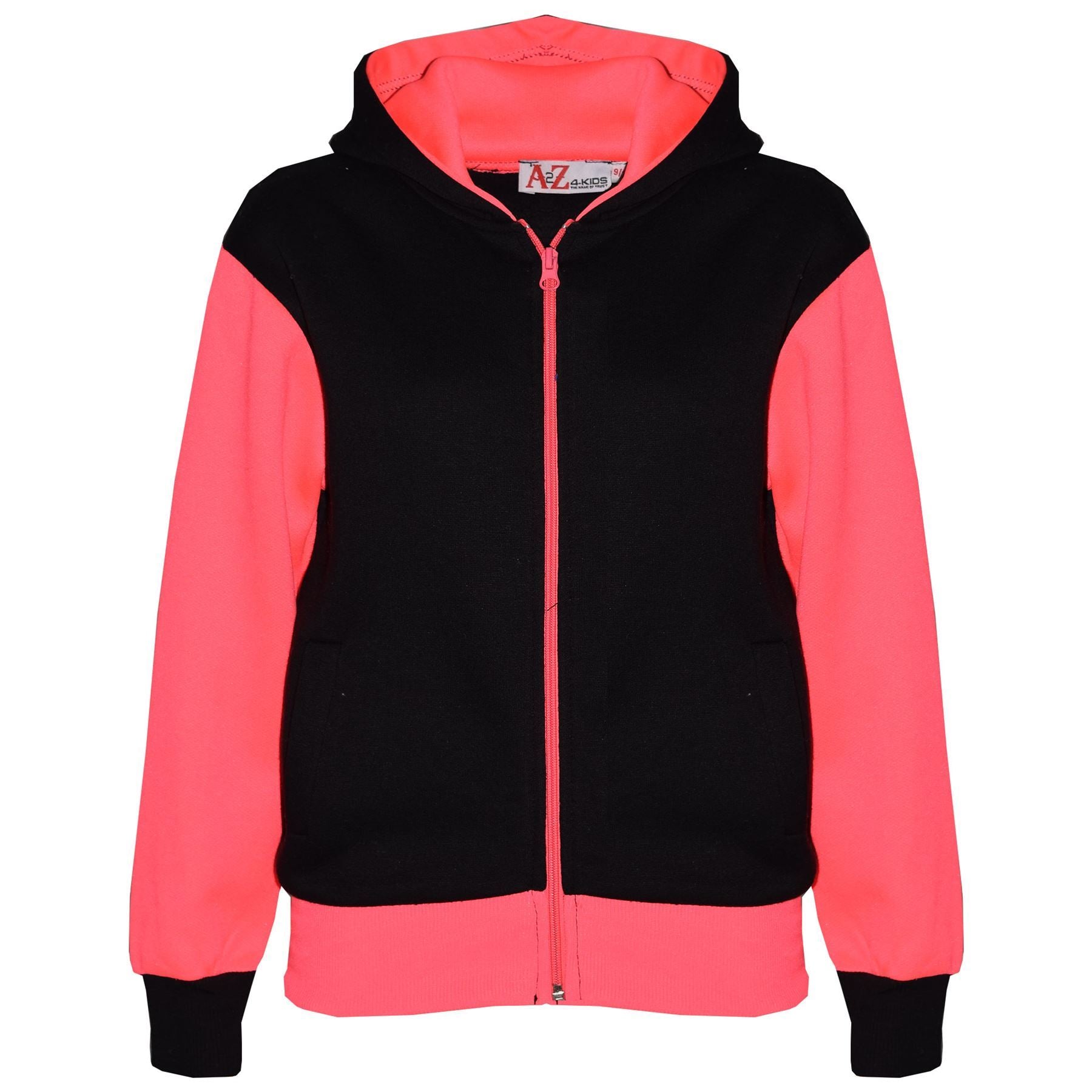 Kids Girls Tracksuit Neon Pink Zipped Fleece Hooded Top & Bottom Jogging Suit