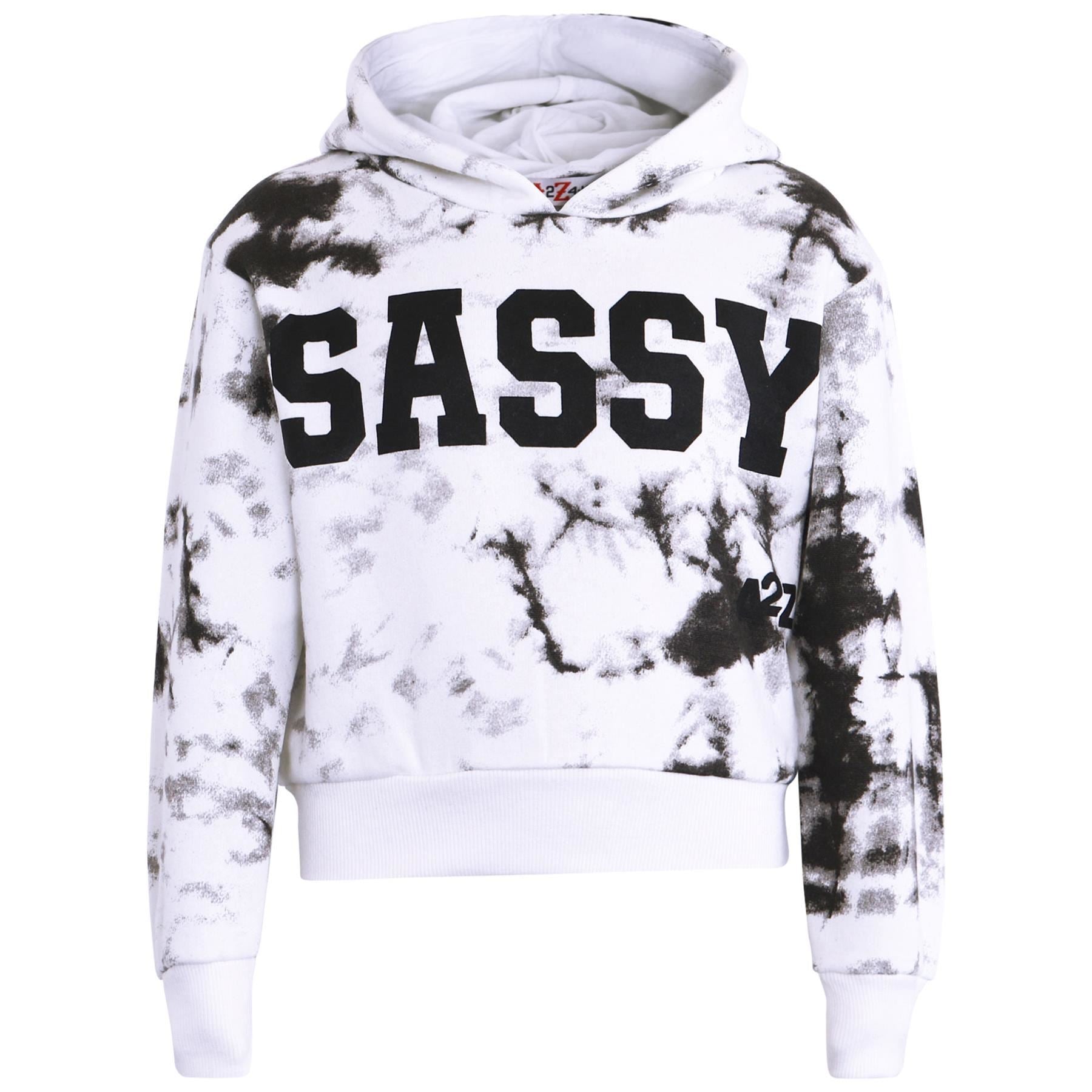 Kids Girls Tie Dye Tracksuit "SASSY" Print Black Hooded Crop Jogging Suit