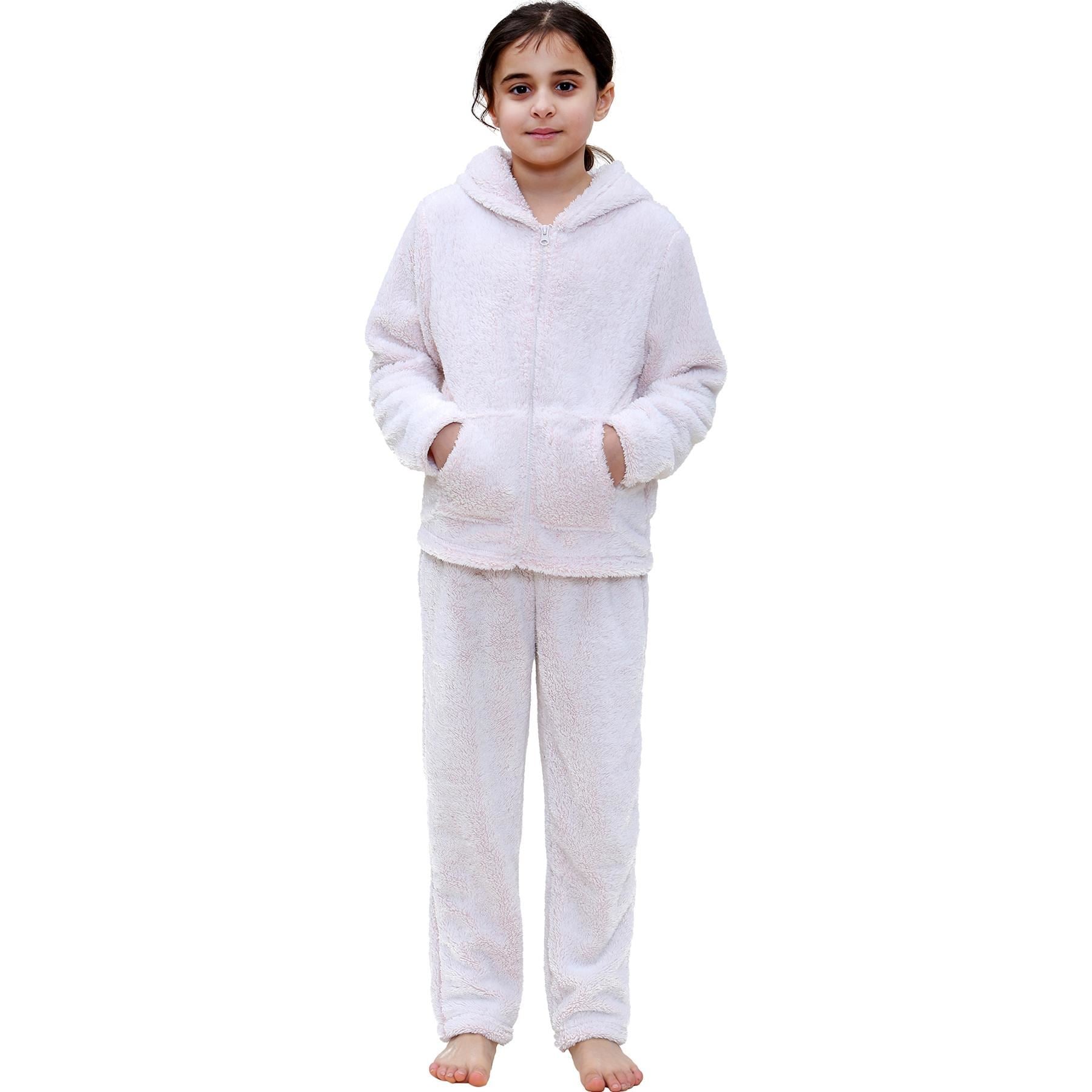 Kids Boys Girls Zipped Pink Pyjama Extra Soft Hooded Thick Pile Fleece PJS Set