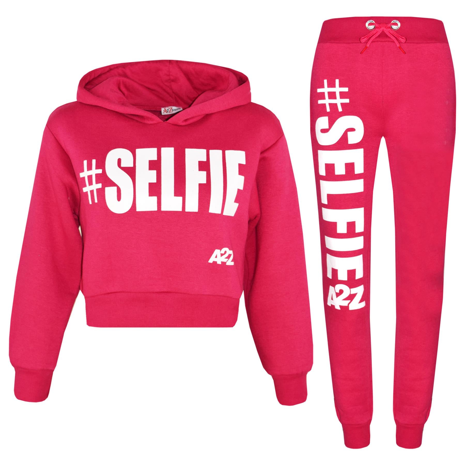 Kids Girls #Selfie Printed Hooded Crop Top & Bottom Jogging Suit