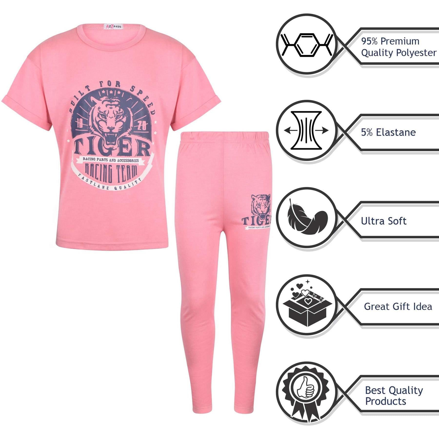 Kids Girls Tiger Racing Team Print Baby Pink T Shirt Top & Legging Set