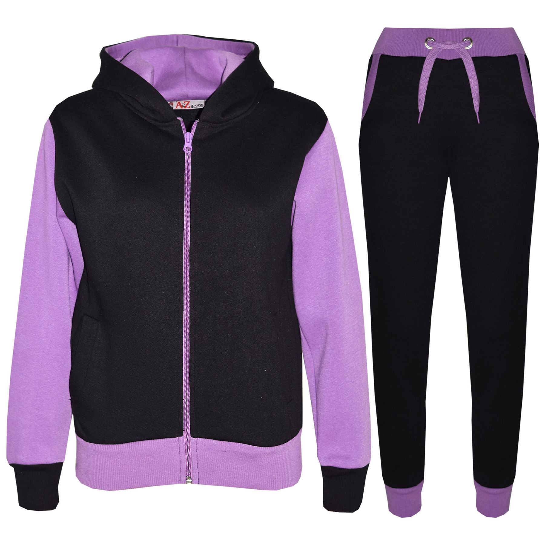 Kids Girls Tracksuit Lilac Zipped Fleece Hooded Top & Bottom Jogging Suit