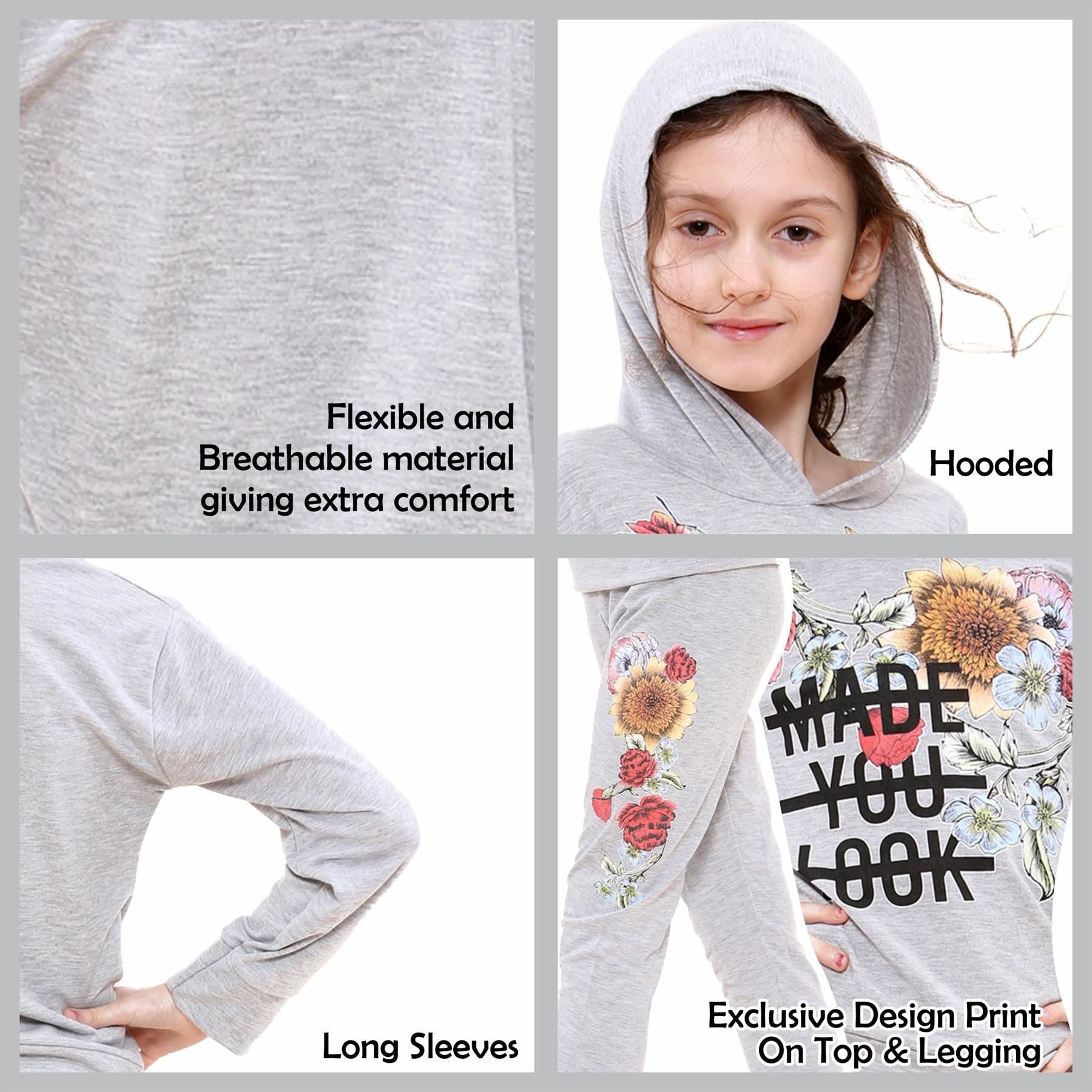 Kids Girls Made You Look Print Grey Hooded Top & Legging Set