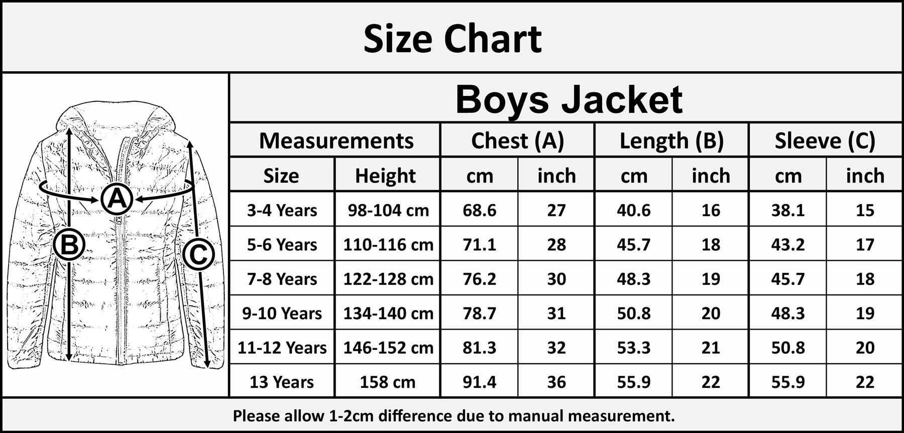 Kids Jackets Thick Black Boys Hooded Padded Puffer