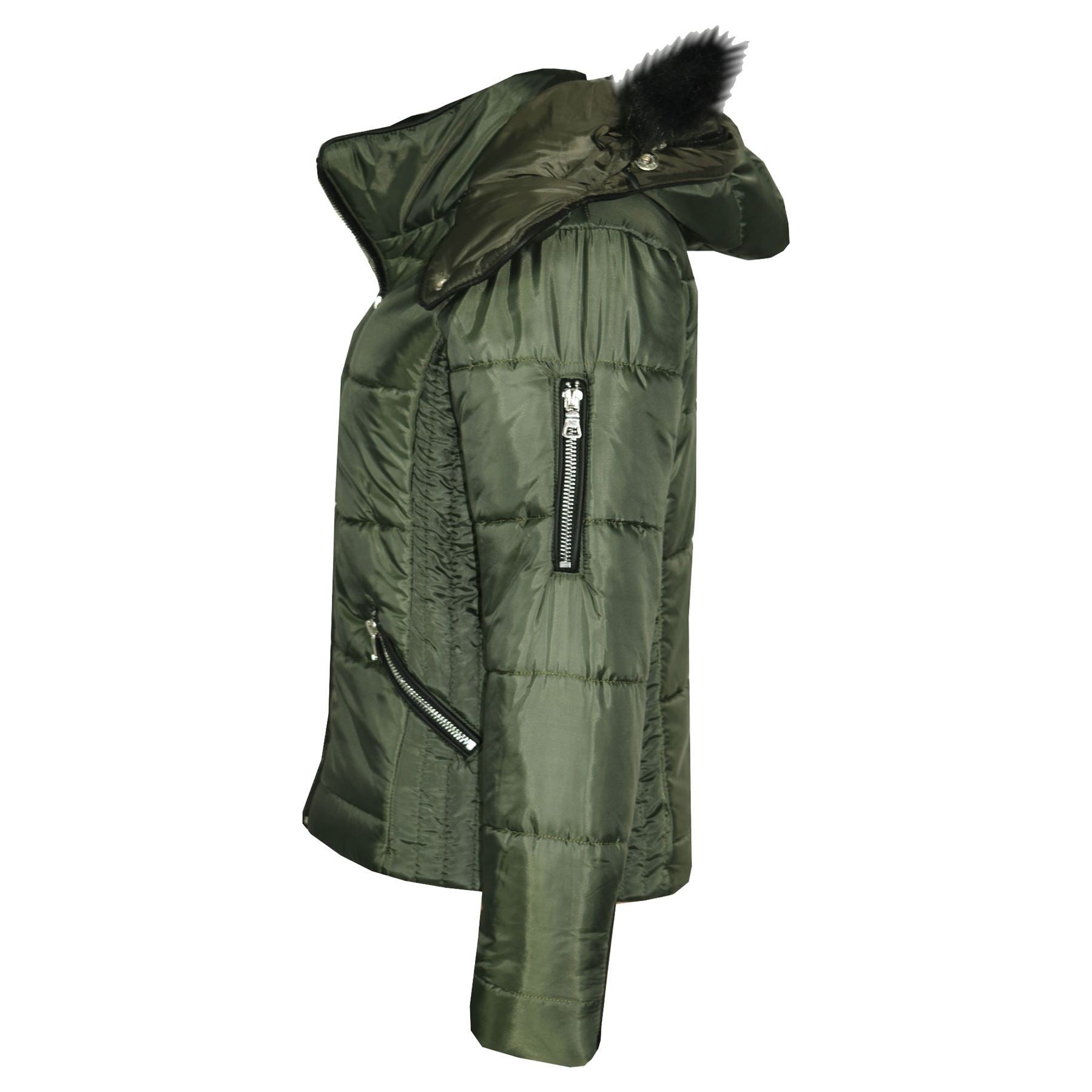 Kids Girls Quilted Olive Puffer Coat Faux Fur Collar Hood Jacket