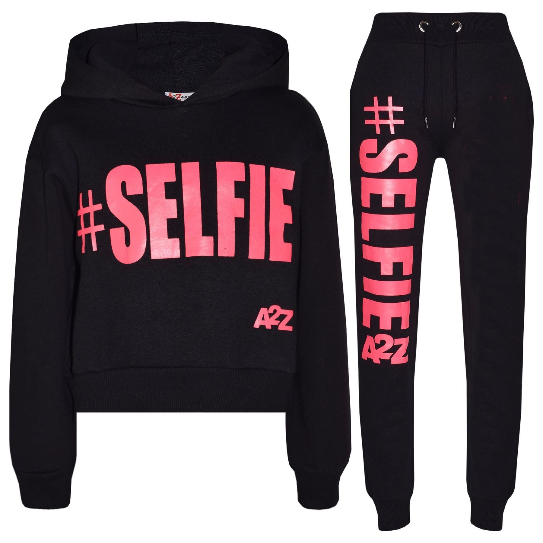 Kids Girls #Selfie Printed Hooded Crop Top & Bottom Jogging Suit