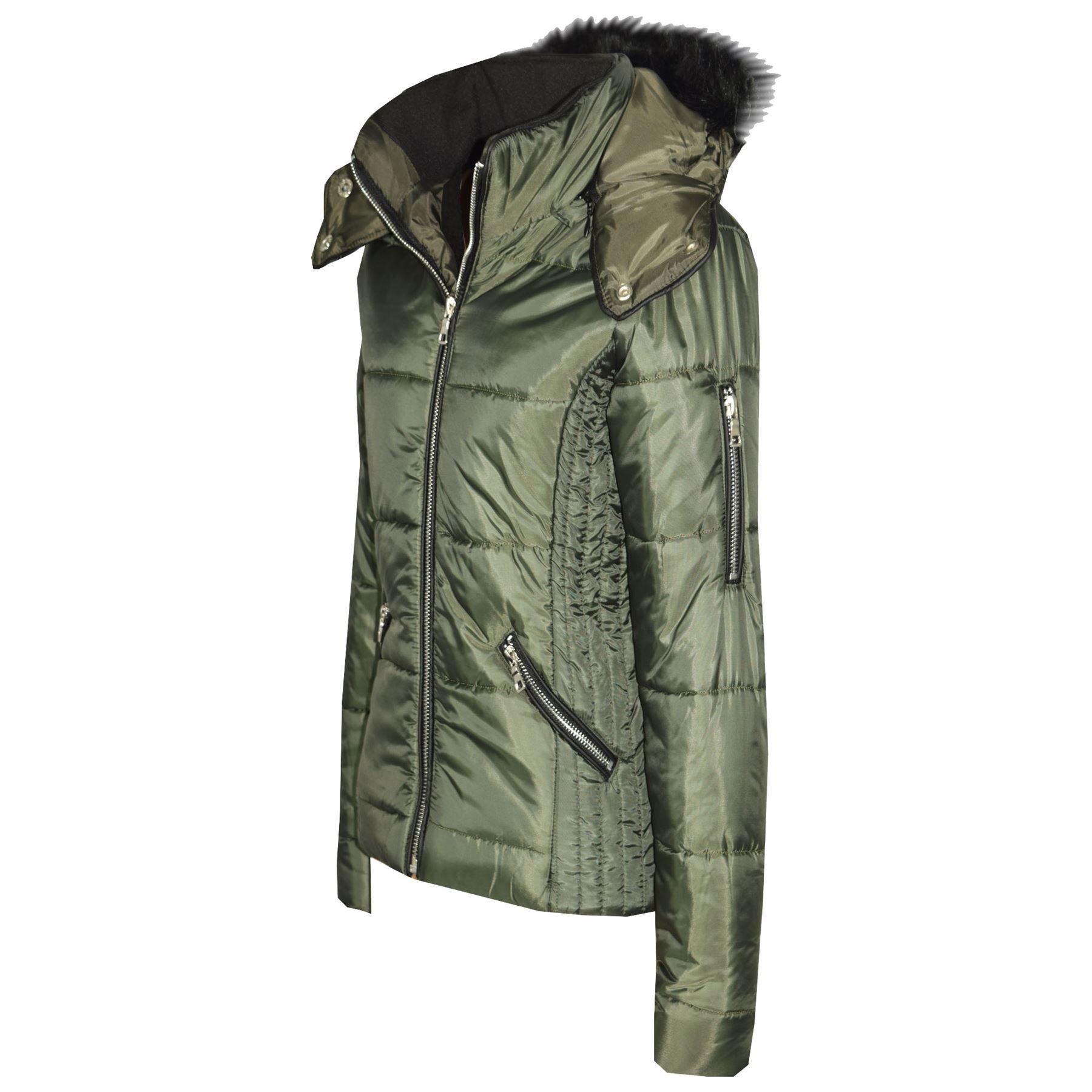 Kids Girls Quilted Olive Puffer Coat Faux Fur Collar Hood Jacket