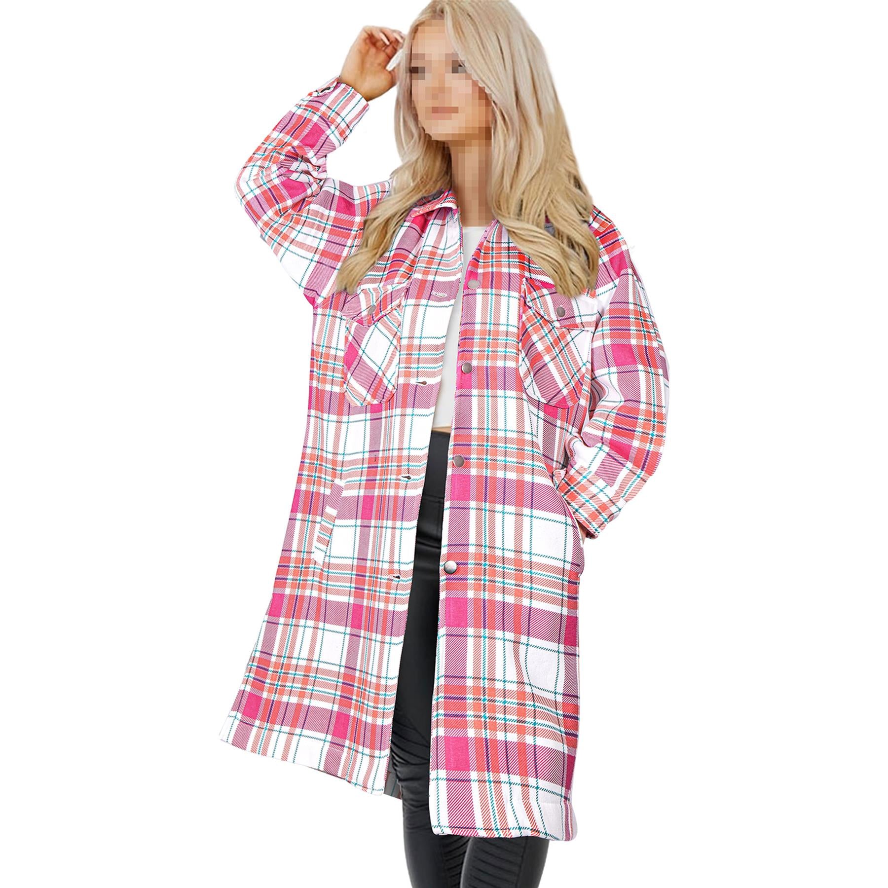 Ladies Longline Shacket Pink Checked Button Down Shirt Jacket Top Oversize Coat