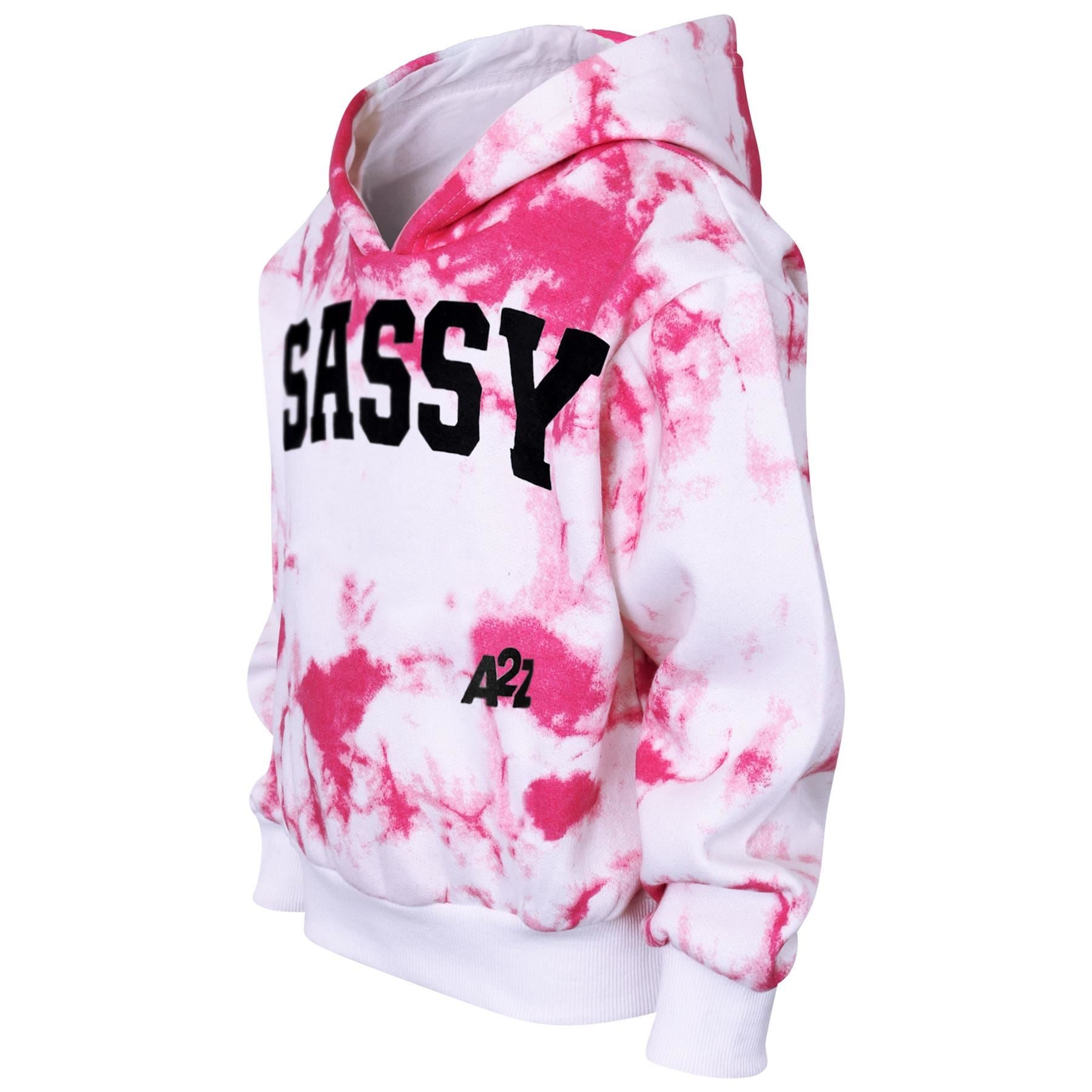 Kids Girls Tie Dye Tracksuit "SASSY" Print Pink Hooded Crop Jogging Suit