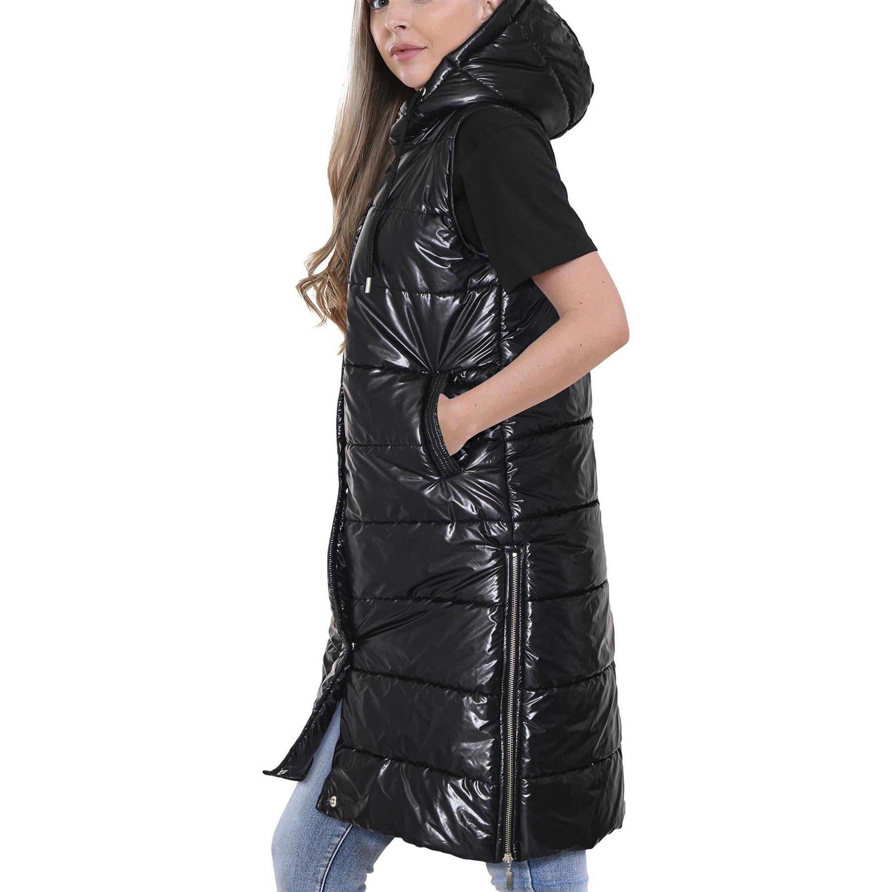 Ladies Oversized Zipped Gilet Long Line Style Wet Look Black Jacket Sleeveless Long Coat