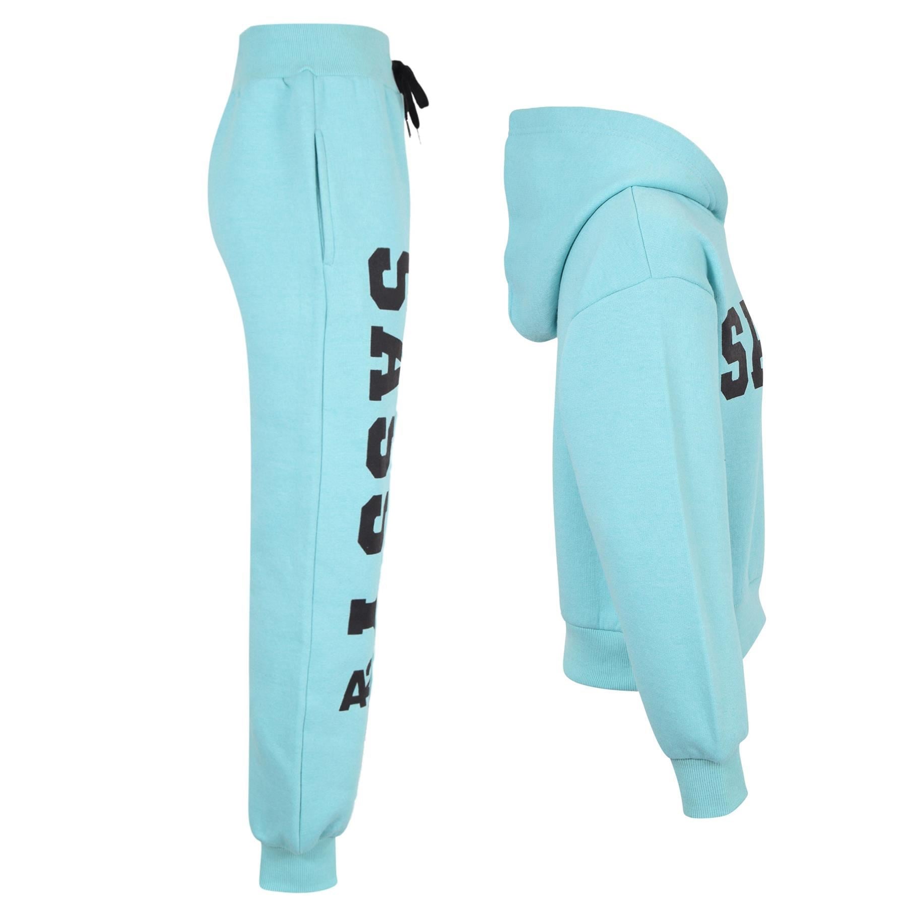 Kids Girls Sassy Print Tracksuit Aqua Hooded Top & Bottom Jogging Suit