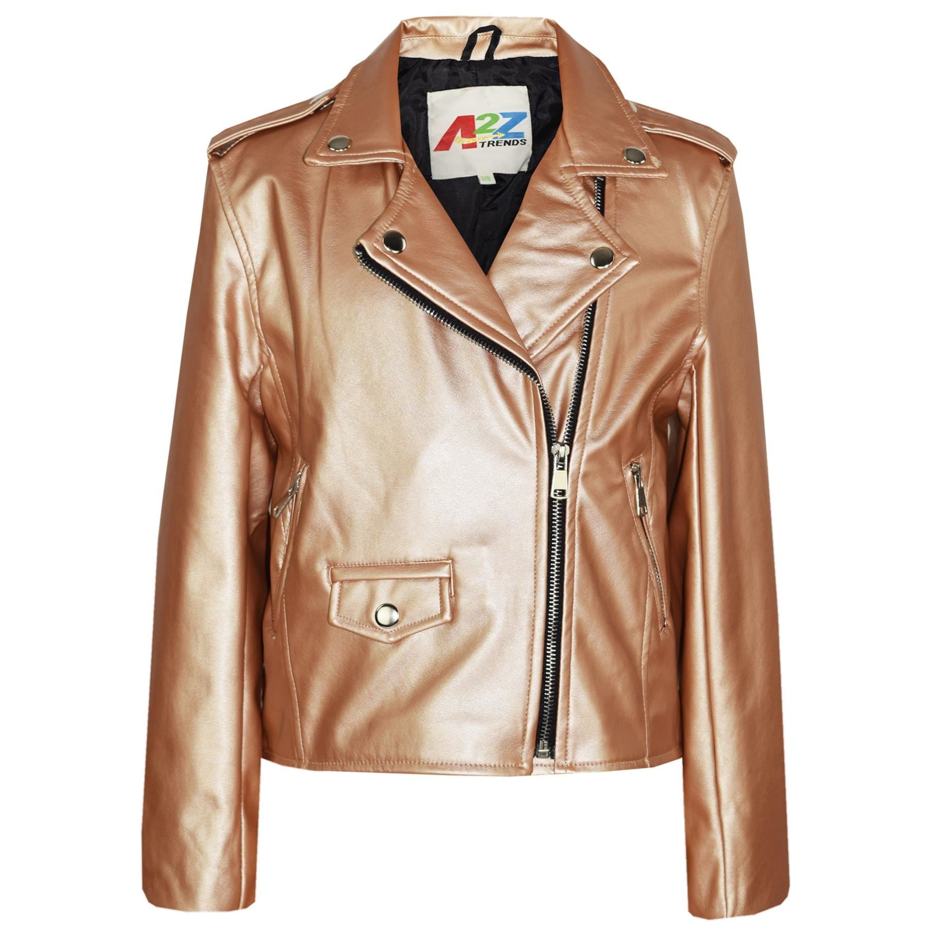 Kids Girls Gold Jackets PU Leather Zip Up Biker Coat Overcoats