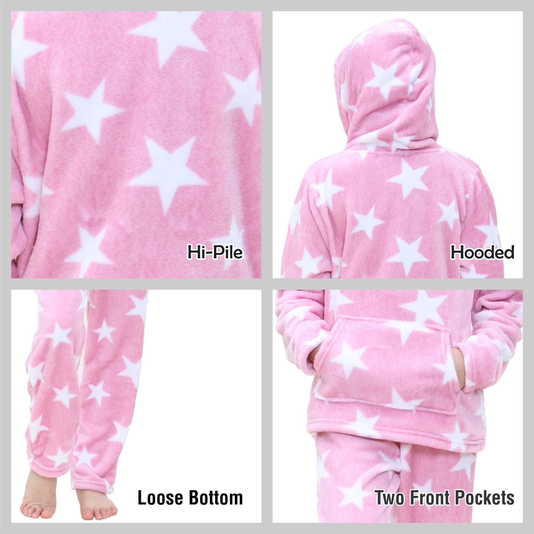 Kids Girls Stars Print Pink Pyjama Extra Soft Flannel Fleece Hooded PJS Set