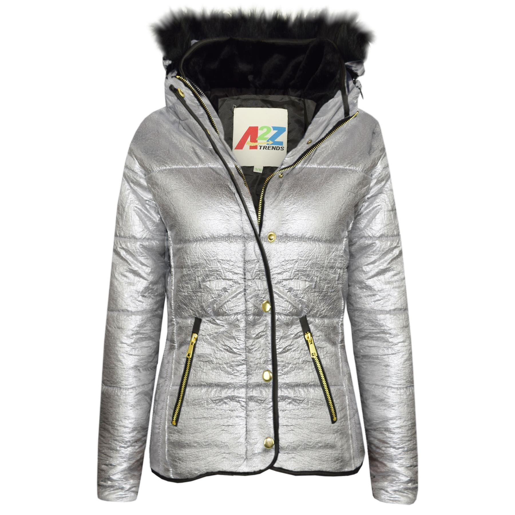 Kids Girls Puffer Quilted Coat Foil Hooded Faux Fur Jacket
