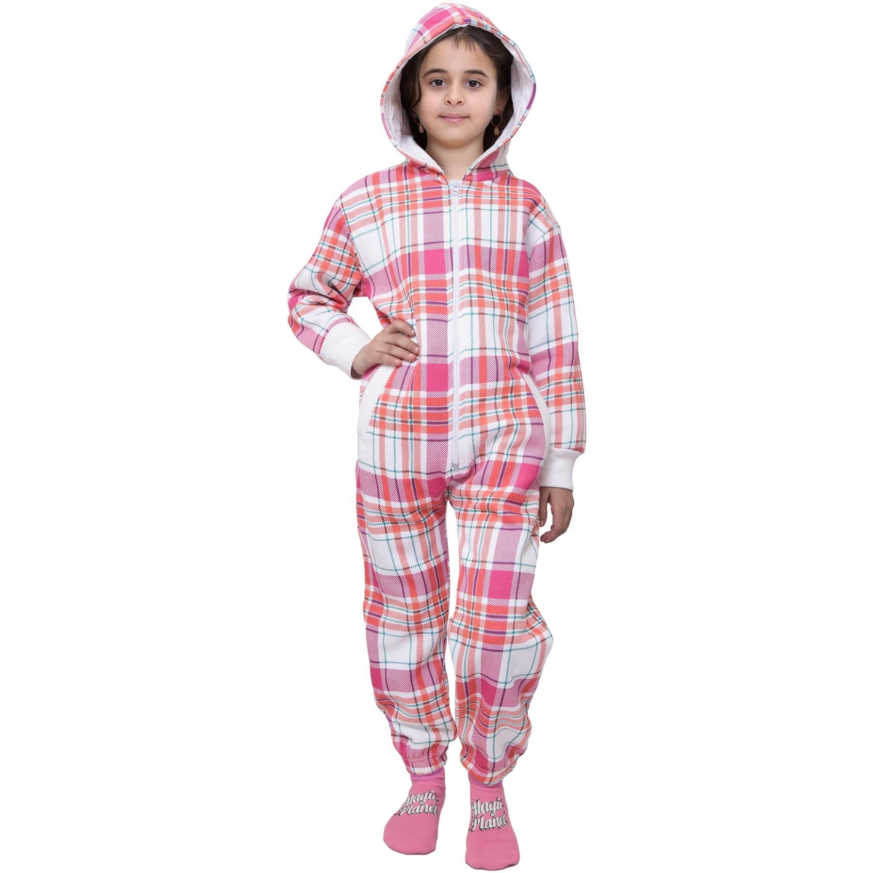 A2Z 4 Kids Onesie One Piece Kids Pyjamas Sleepsuit Check Printed Girls Outfit