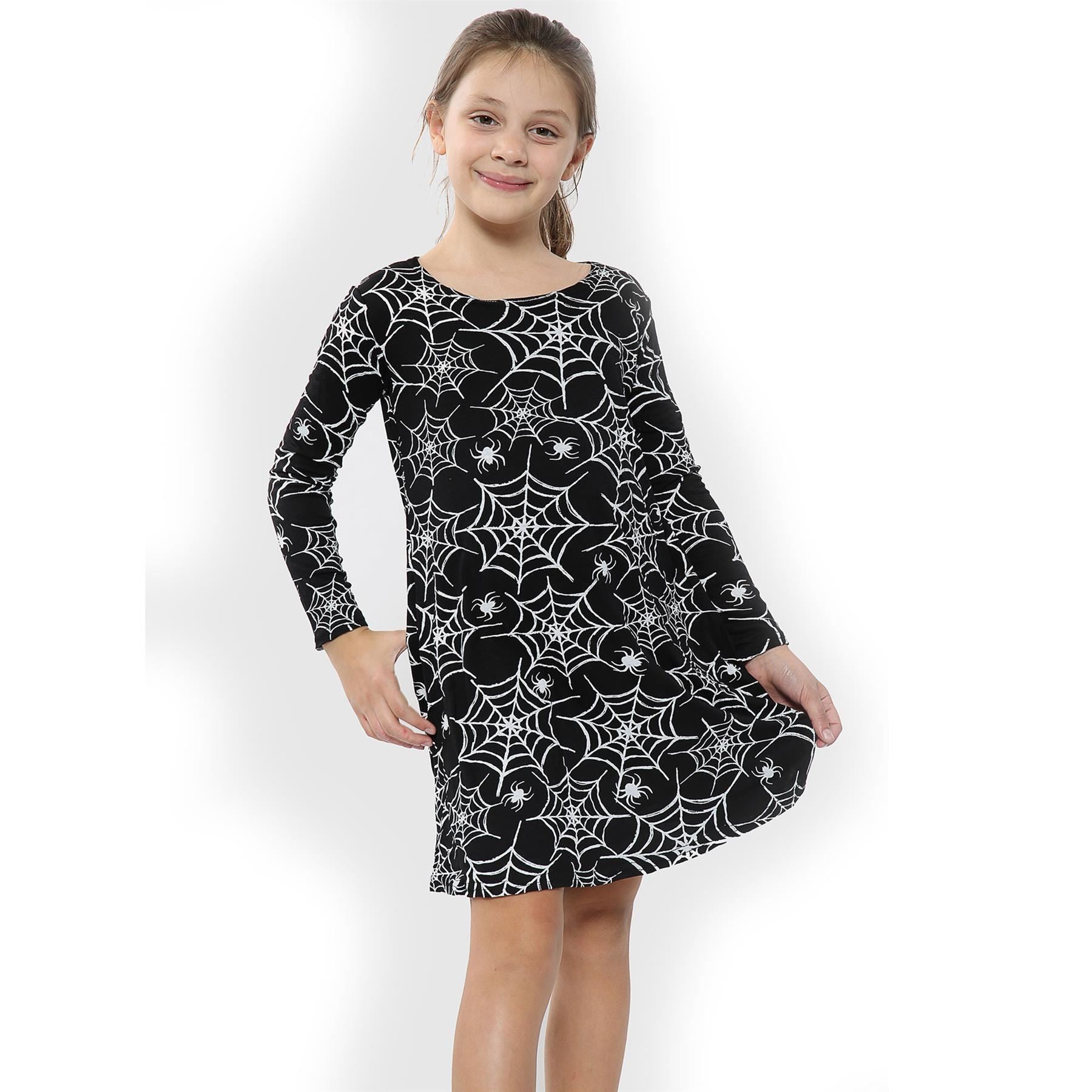 Girls Spider Web Print Halloween Swing Dresses