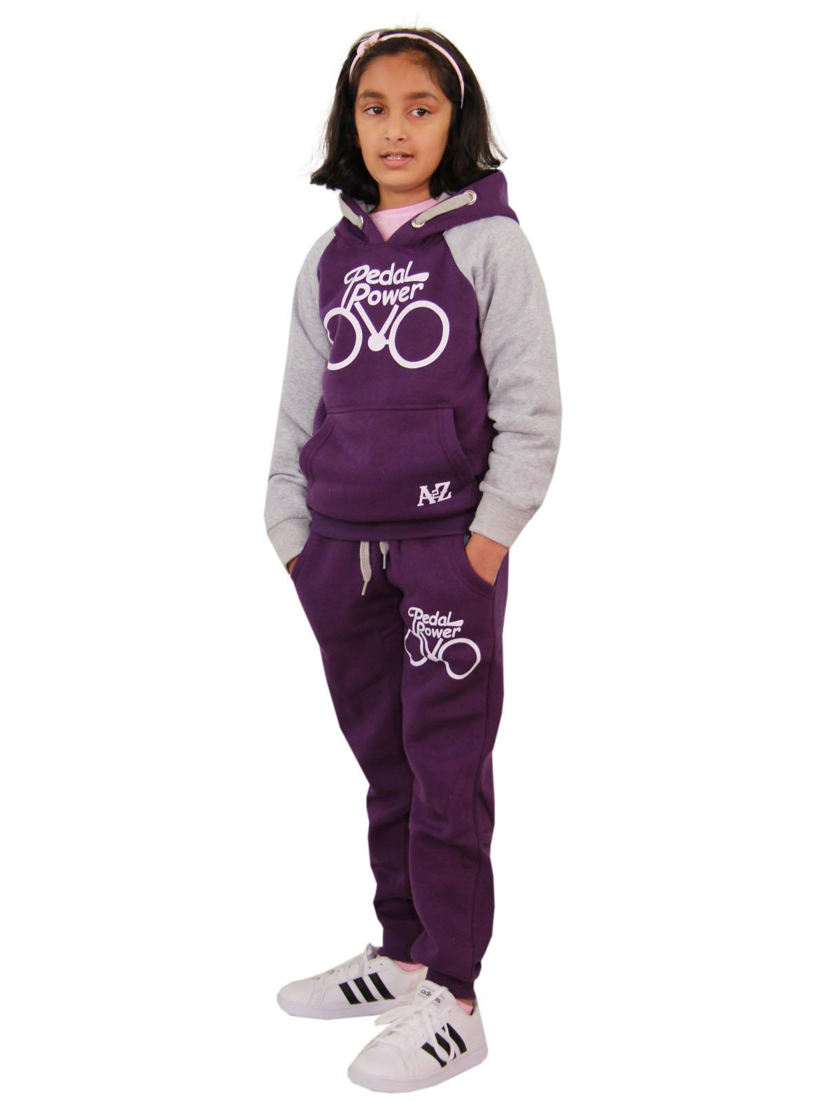 Kids Girls Pedal Power Print Hooded Purple And Grey Tracksuit