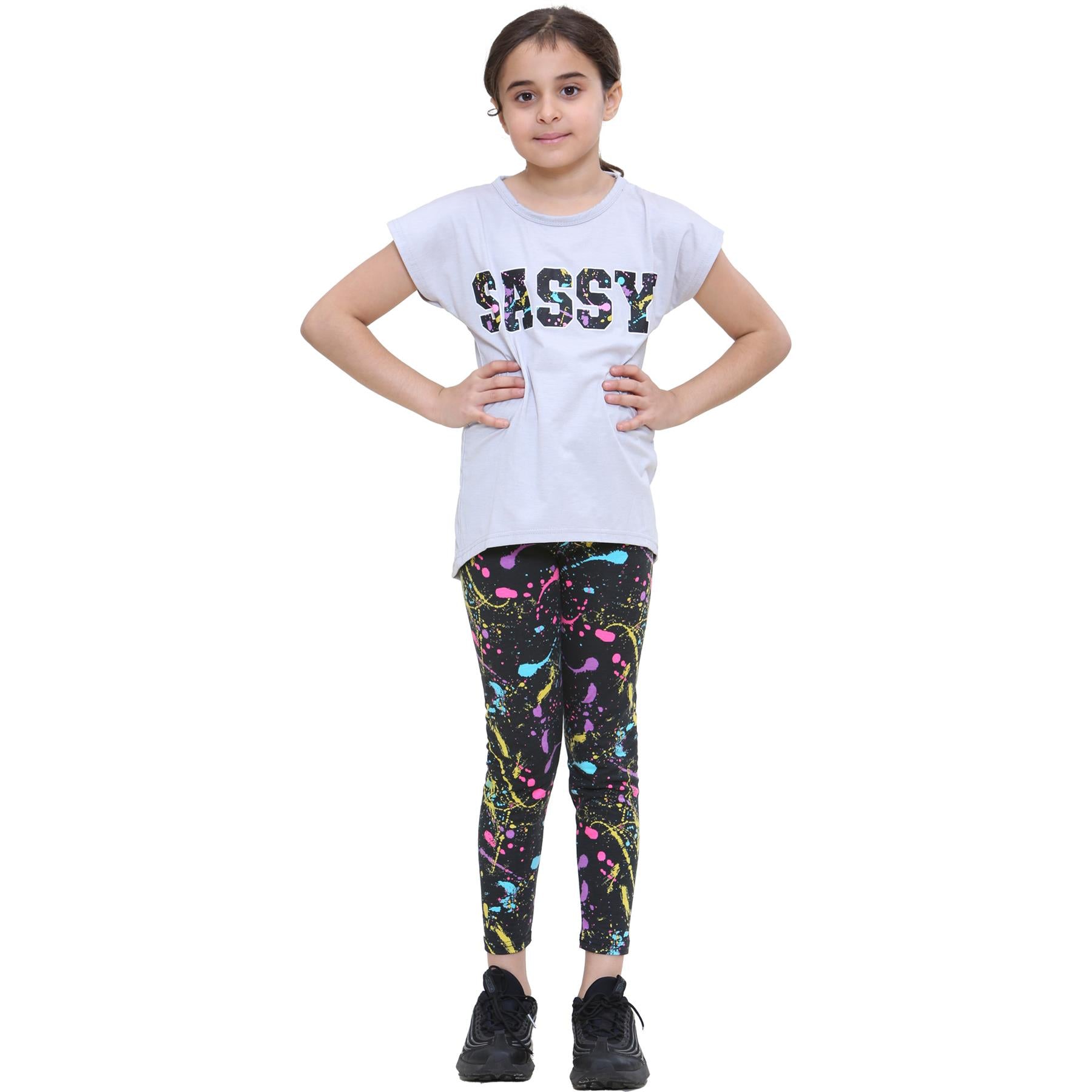 Girls Short sleeves Grey Sassy Print Splash Tank Set