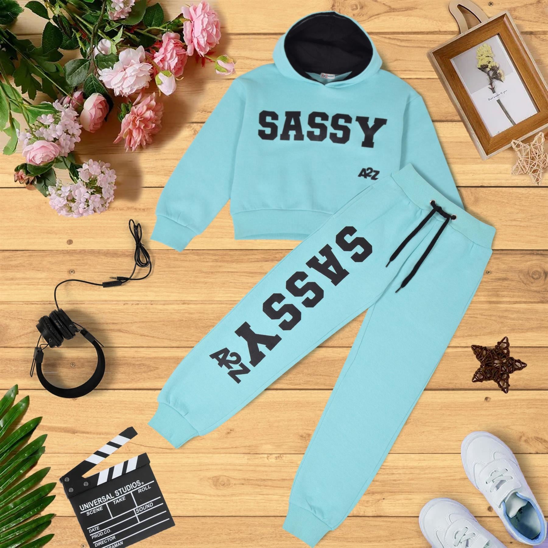 Kids Girls Sassy Print Tracksuit Hooded Top & Bottom Jogging Suit