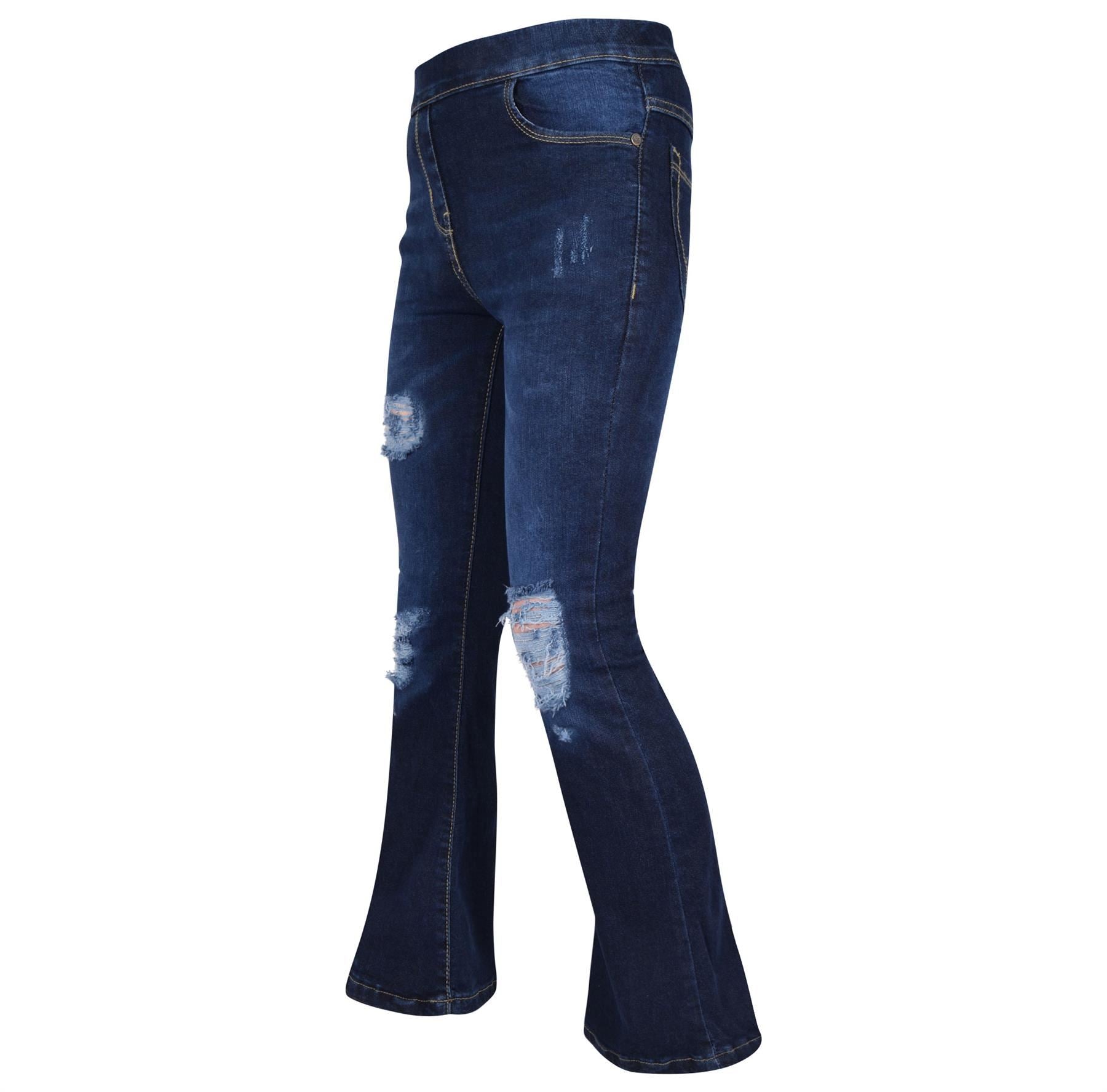 Kids Girls Comfort Stretchy Flared Bell Bottom Dark Blue Ripped Denim Jeans