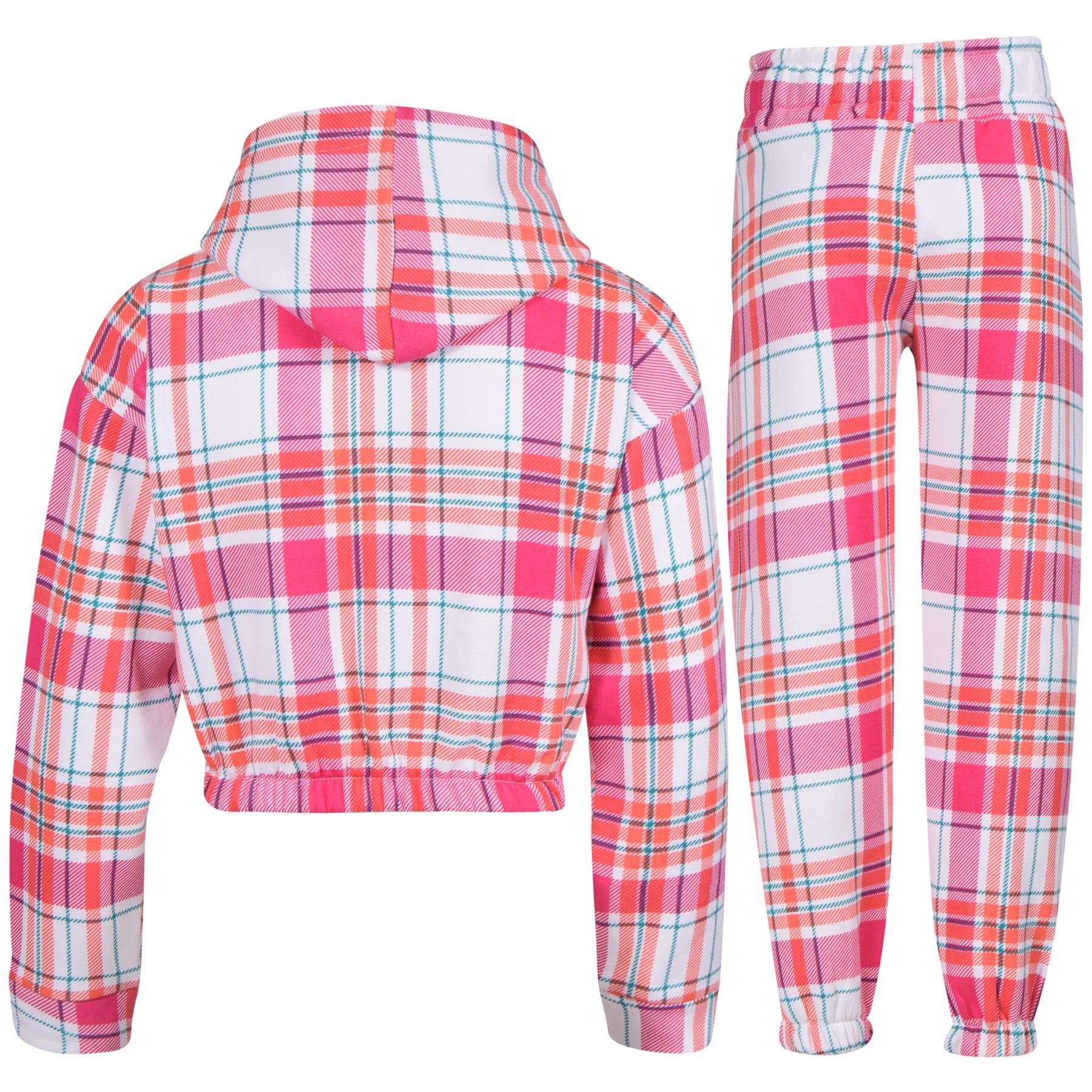 Girls Pink Check Print Cropped Hooded Tracksuit