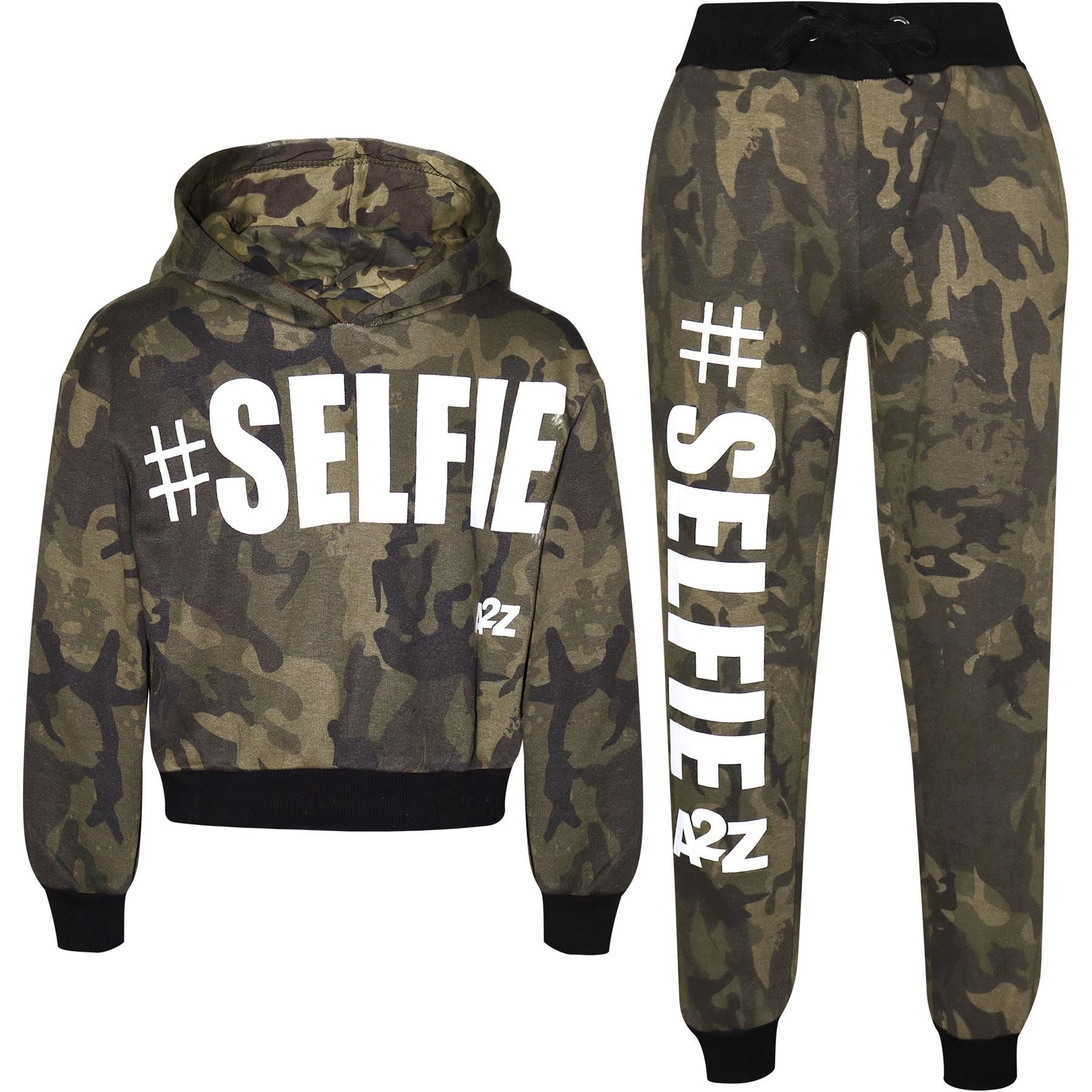 Kids Girls #Selfie Printed Hooded Crop Top & Bottom Jogging Suit